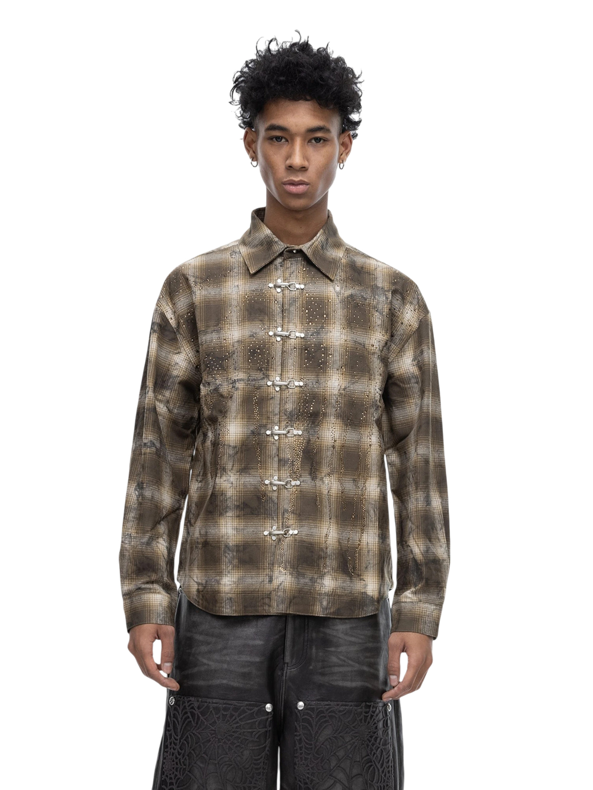 TBHNP Eclipse of the Blood Moon rhinestone buckle plaid flannel shirt — men's gothic streetwear button-up