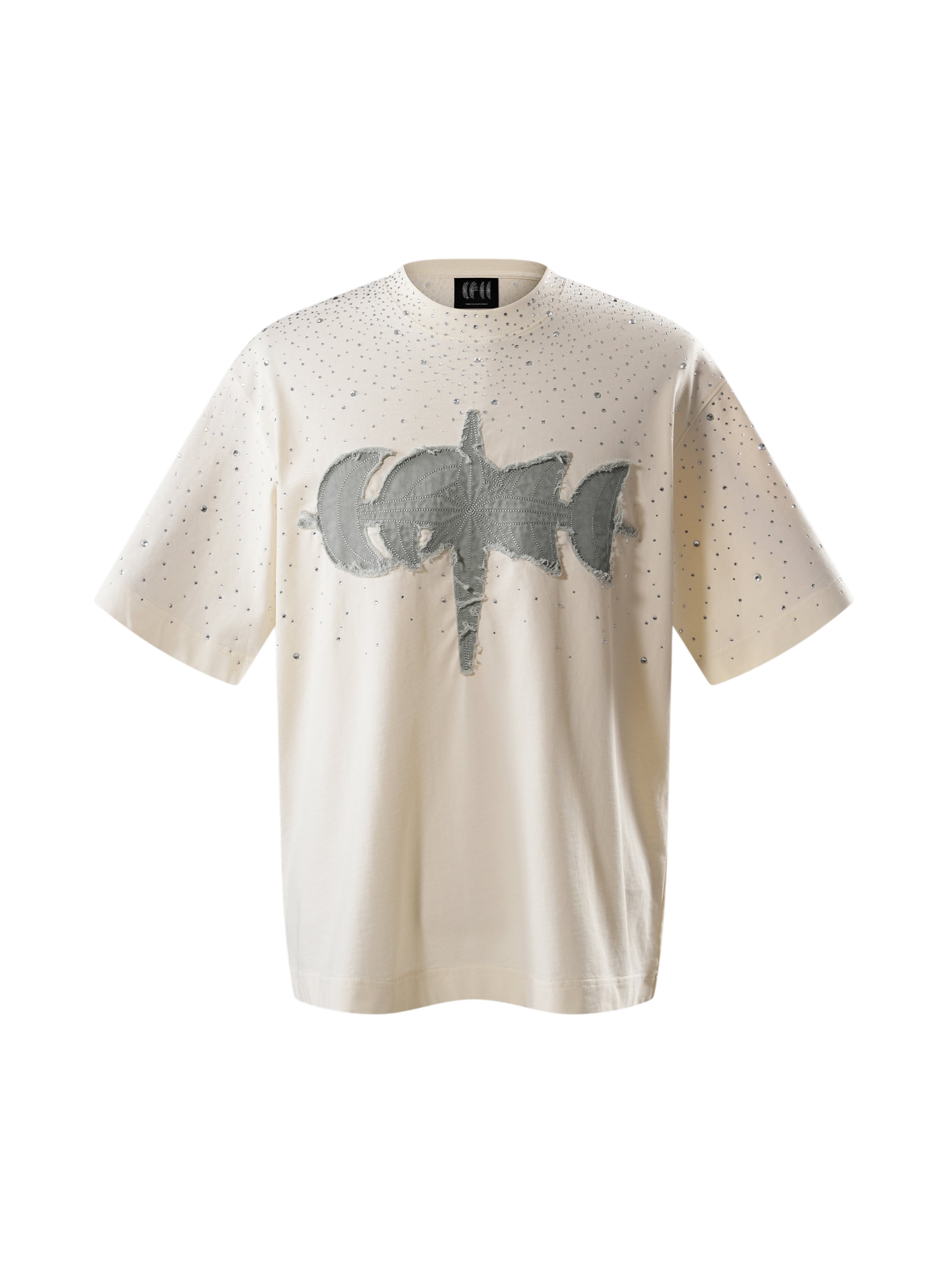 TBHNP Luminous Dawn washed boxy cotton t-shirt with rhinestones and patch embroidery — men's streetwear graphic tee