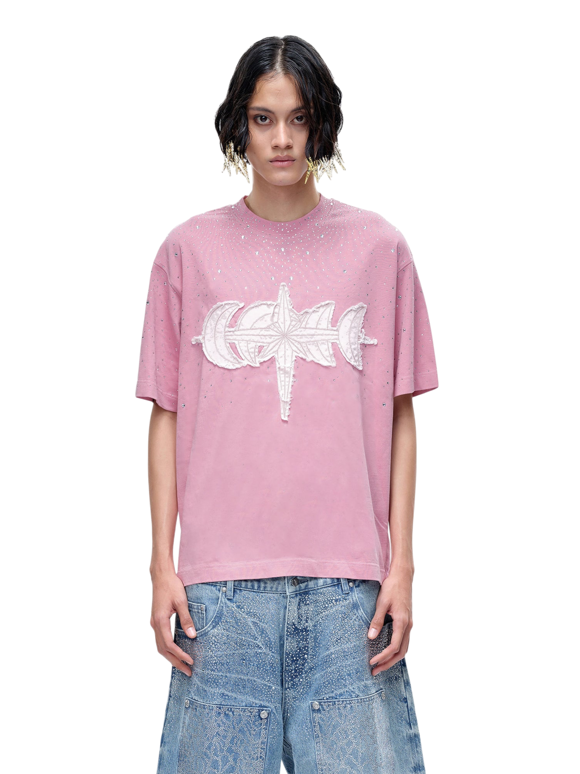 TBHNP Luminous Dawn washed boxy cotton t-shirt with rhinestones and patch embroidery — men's streetwear graphic tee