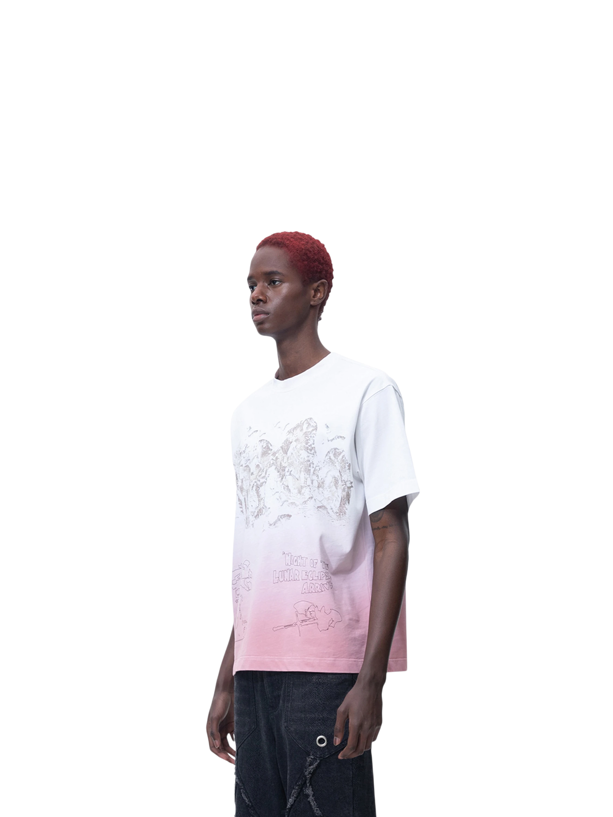 Model styling TBHNP white deconstructed short-sleeve tee, front detail — men's streetwear tee