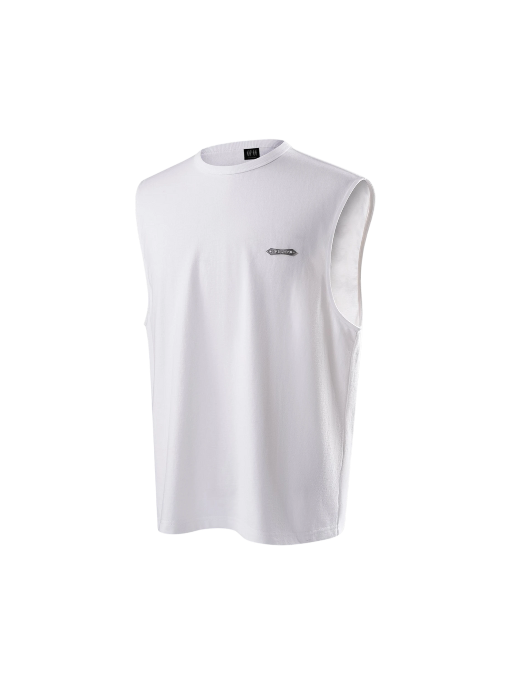Close-up of the minimal front logo on TBHNP white Shadowbat vest — men's streetwear detail