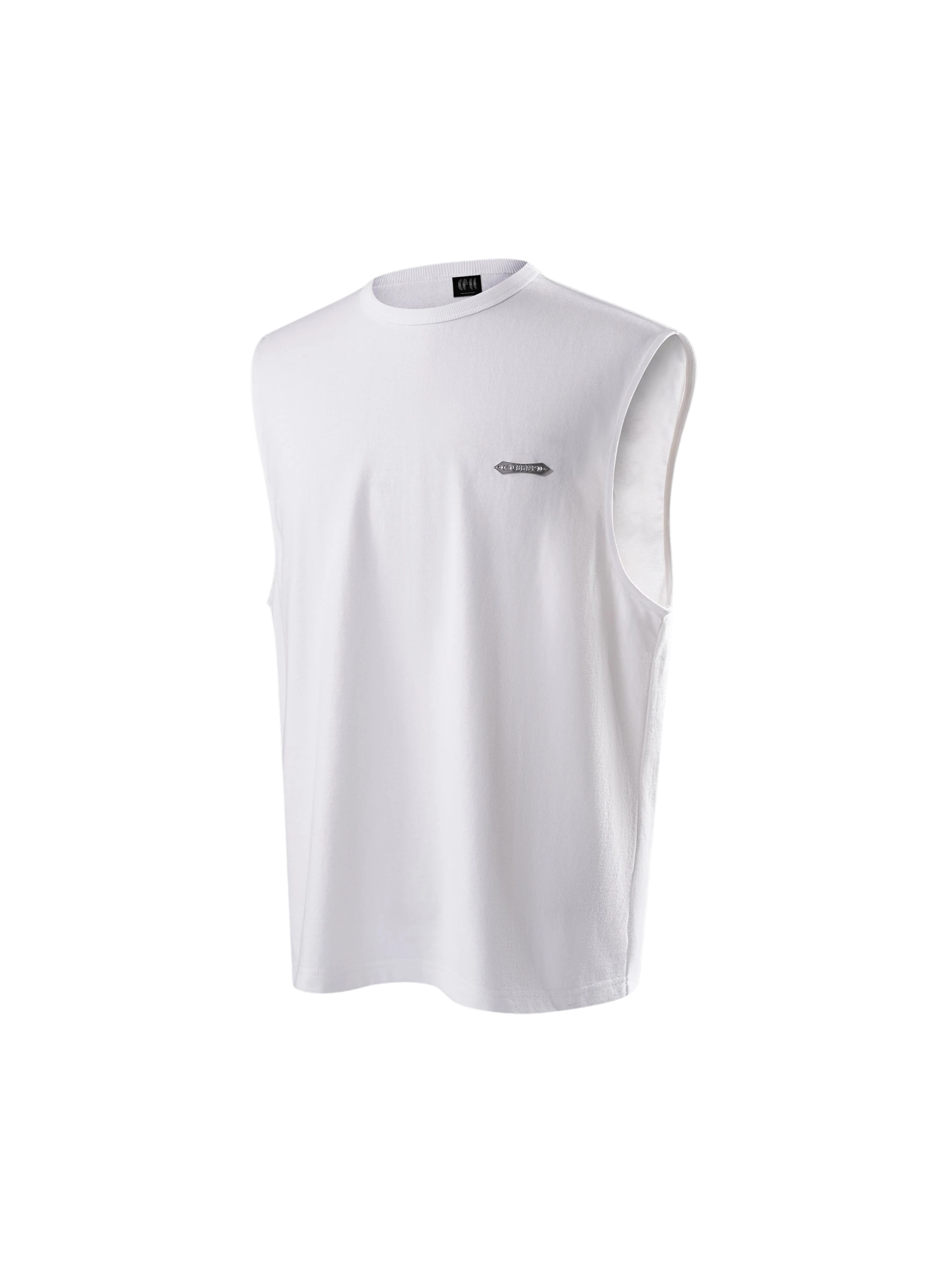 Close-up of the minimal front logo on TBHNP white Shadowbat vest — men's streetwear detail