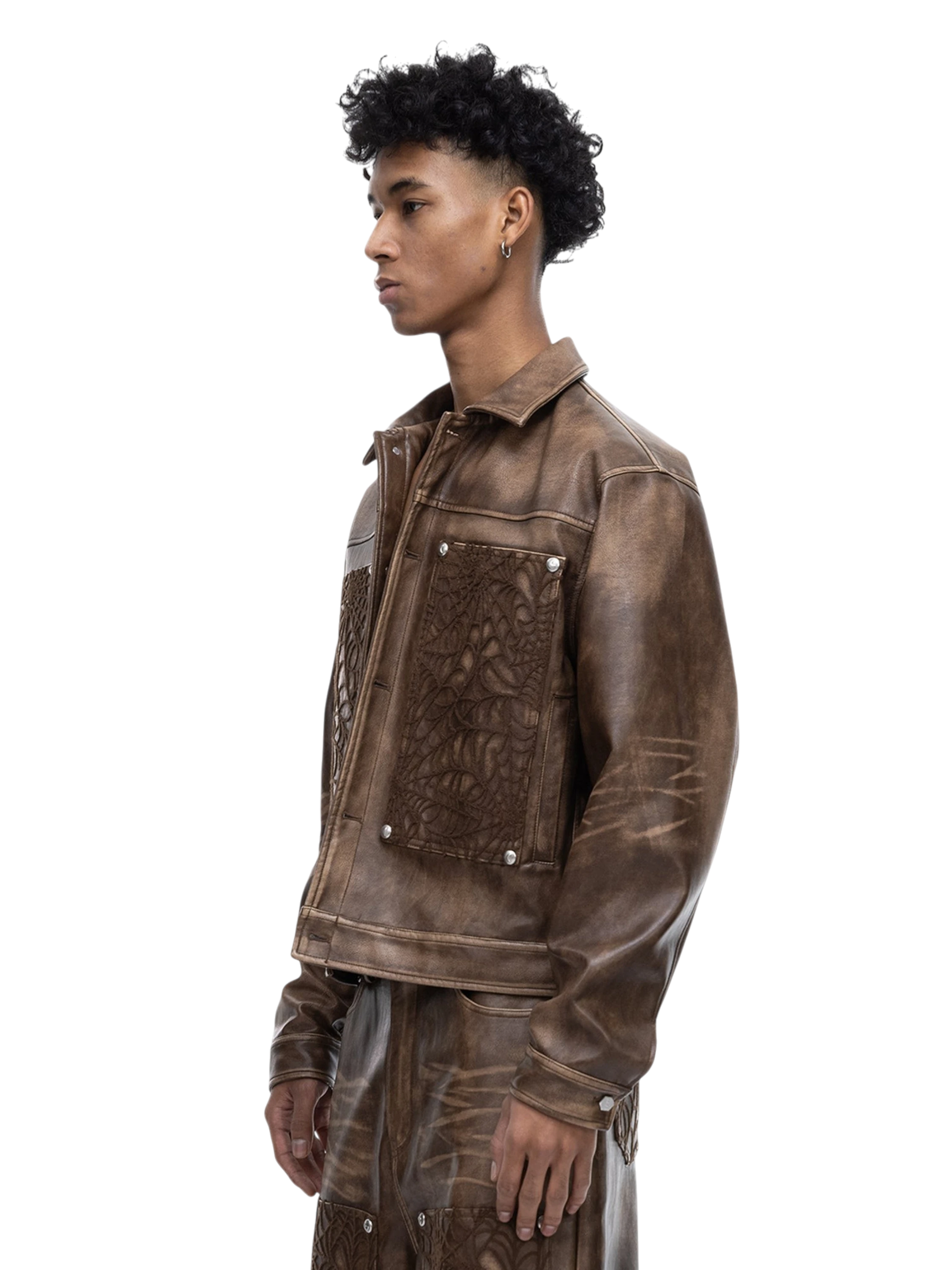 TBHNP Eclipse of the Blood Moon cobweb embroidered faux leather jacket — men's gothic streetwear jacket