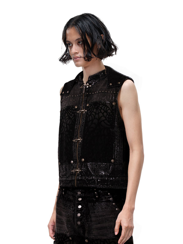 LUMINOUS DAWN FRINGED DENIM HOODEDVEST