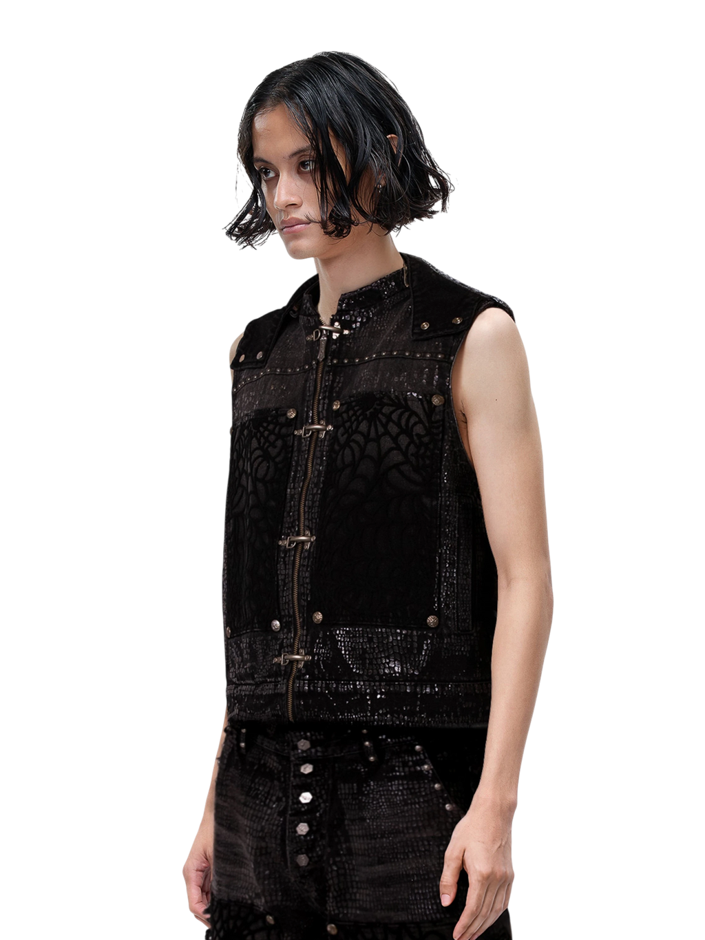 TBHNP Luminous Dawn cobweb distressed denim vest — men's streetwear vest