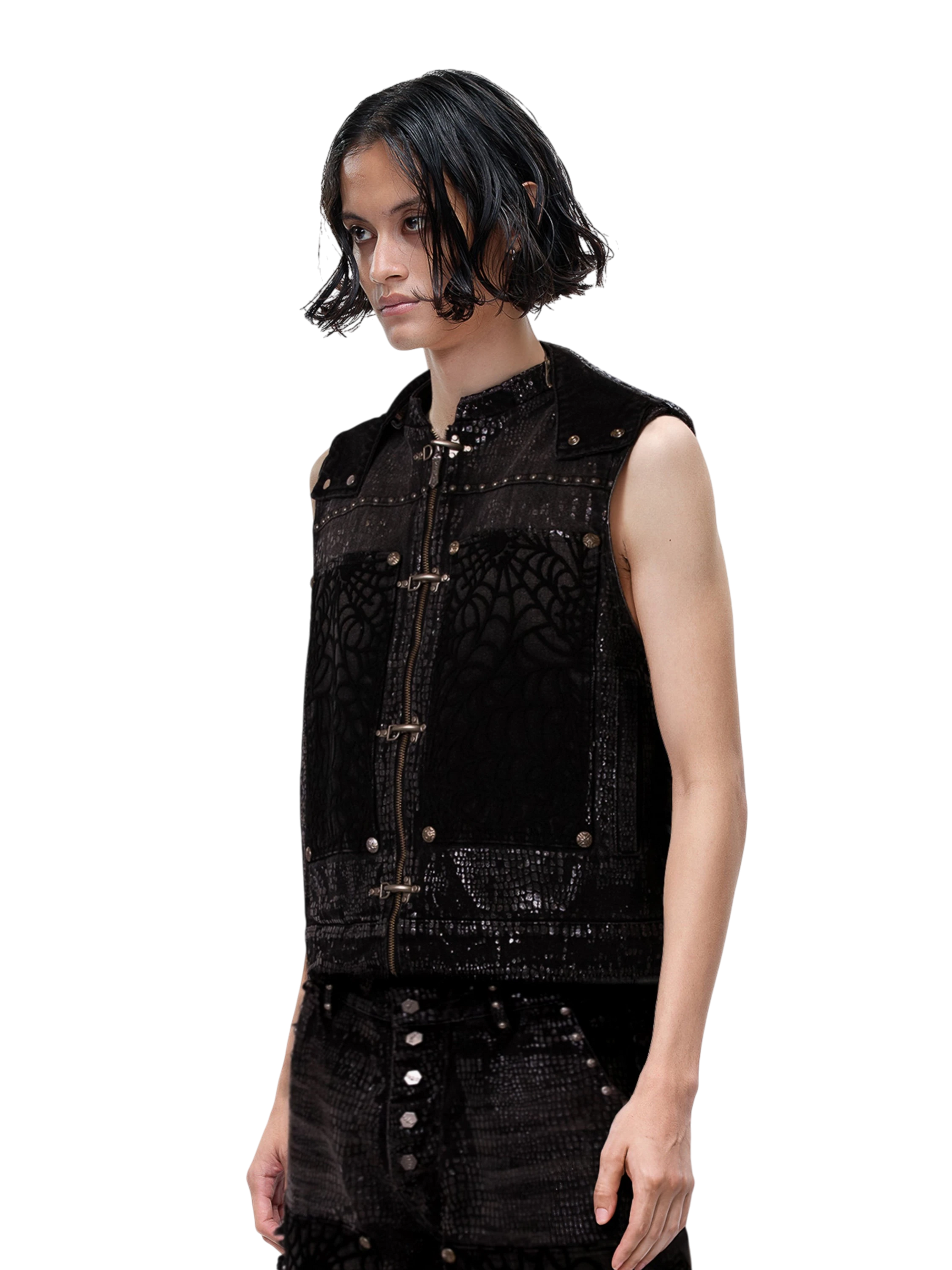 TBHNP Luminous Dawn cobweb distressed denim vest — men's streetwear vest