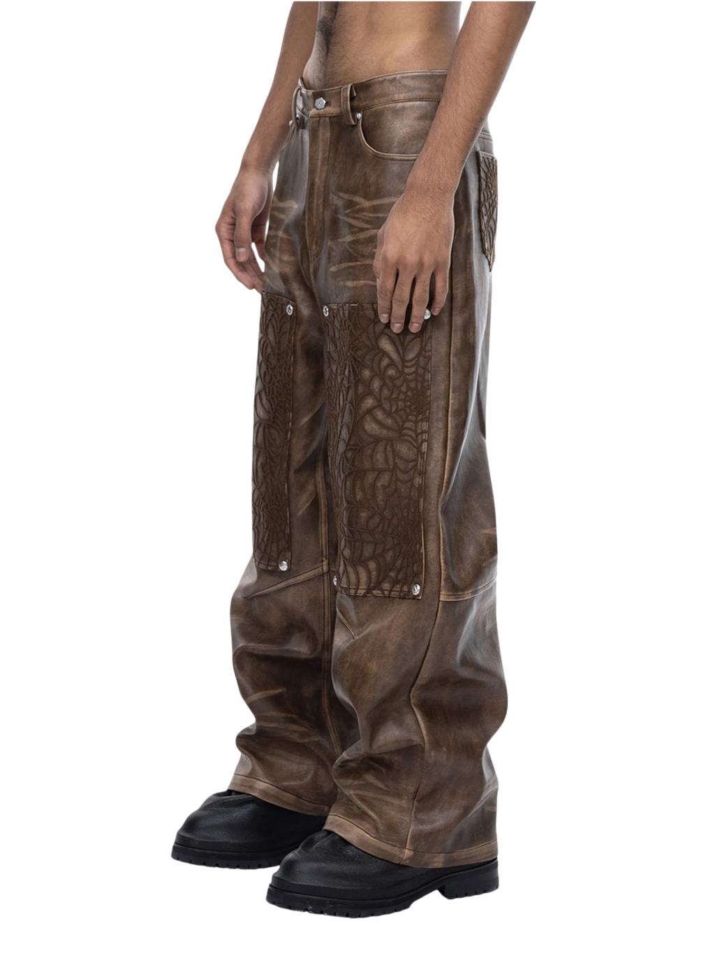 ECLIPSE OF THE BLOOD MOON COBWEB EMBROIDERED FAUX LEATHER PANTS