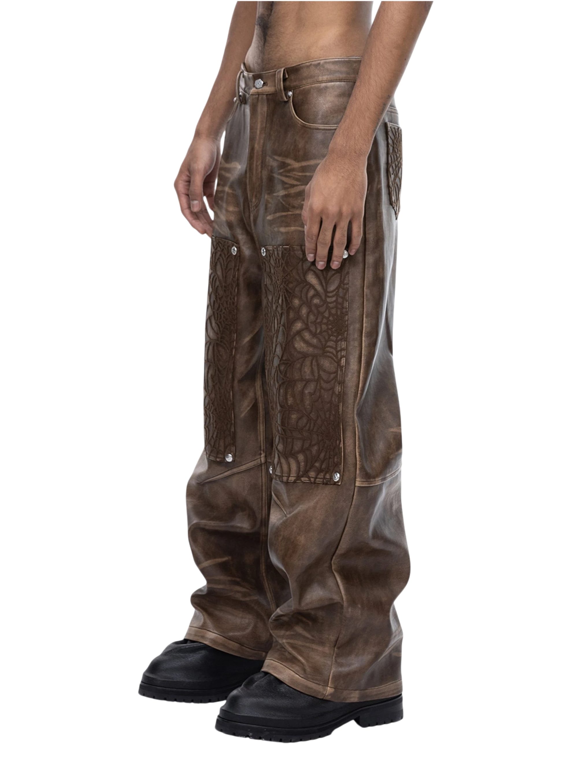 TBHNP Eclipse of the Blood Moon cobweb embroidered faux leather pants — men's gothic streetwear trousers