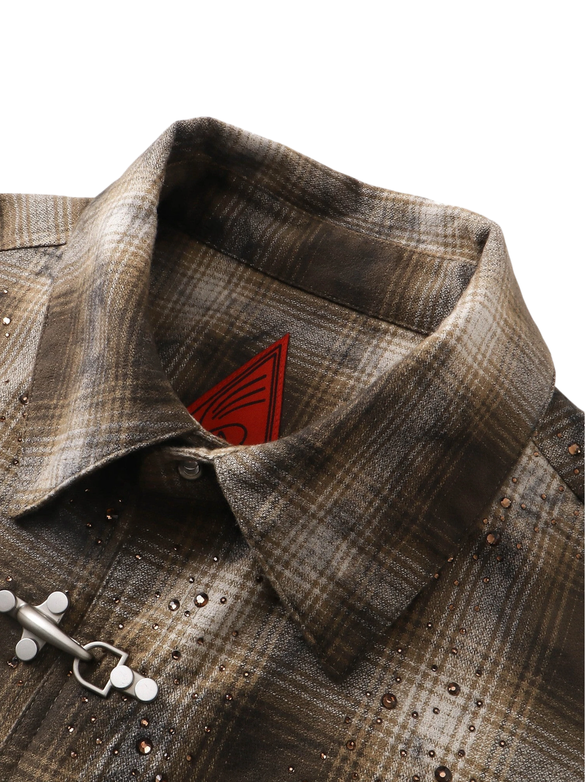 TBHNP Eclipse of the Blood Moon rhinestone buckle plaid flannel shirt — men's gothic streetwear button-up