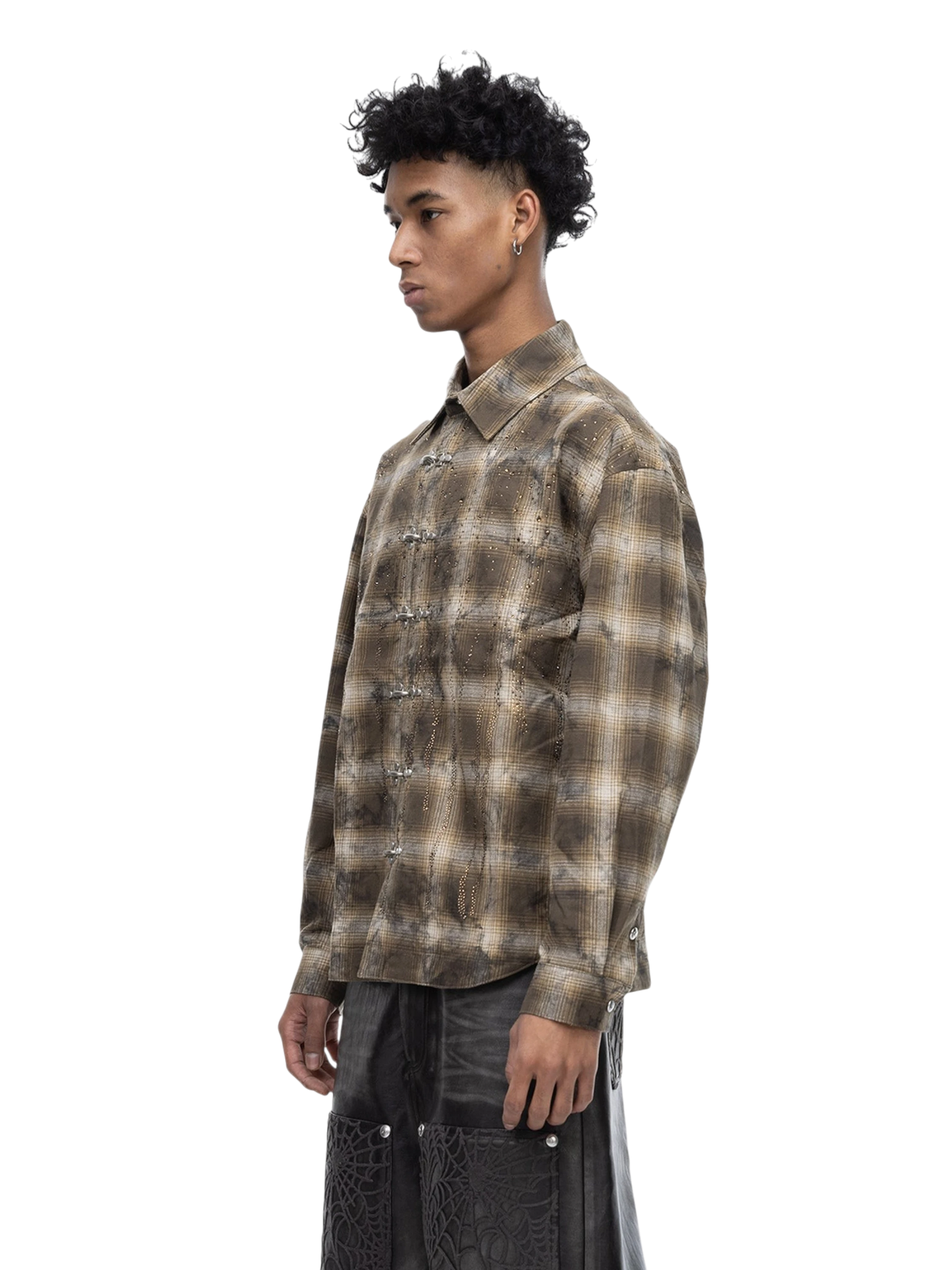 TBHNP Eclipse of the Blood Moon rhinestone buckle plaid flannel shirt — men's gothic streetwear button-up