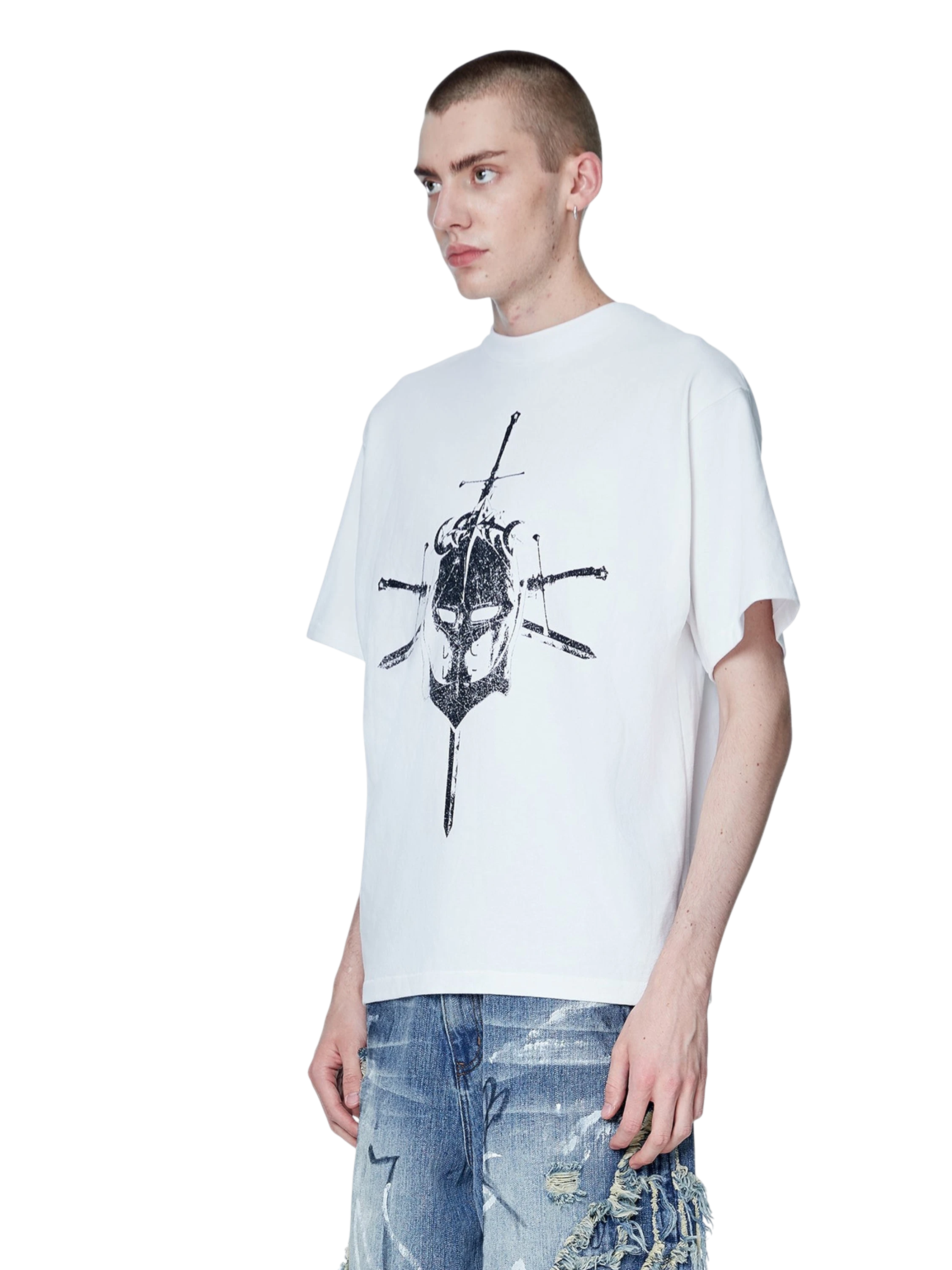 Model styling TBHNP white Knight & Sword tee, front detail — men's streetwear tee
