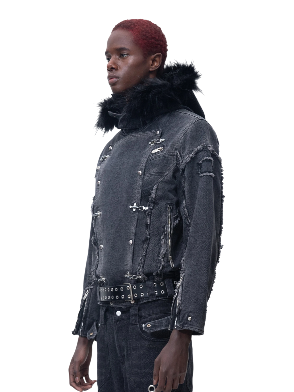 TBHNP Eclipse of the Blood Moon cobra print fur-hood moto jacket, black — men's streetwear jacket