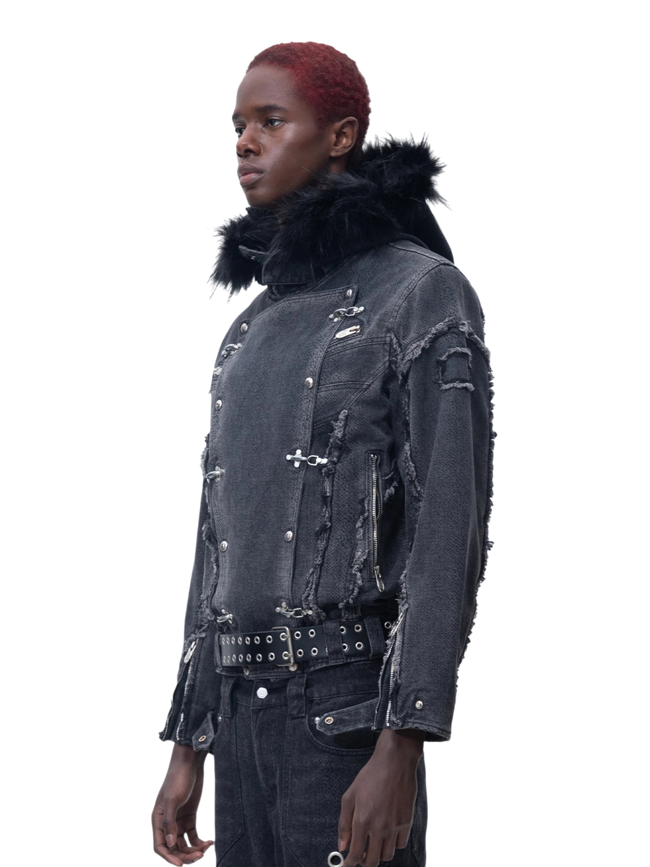 TBHNP Eclipse of the Blood Moon cobra print fur-hood moto jacket, black — men's streetwear jacket