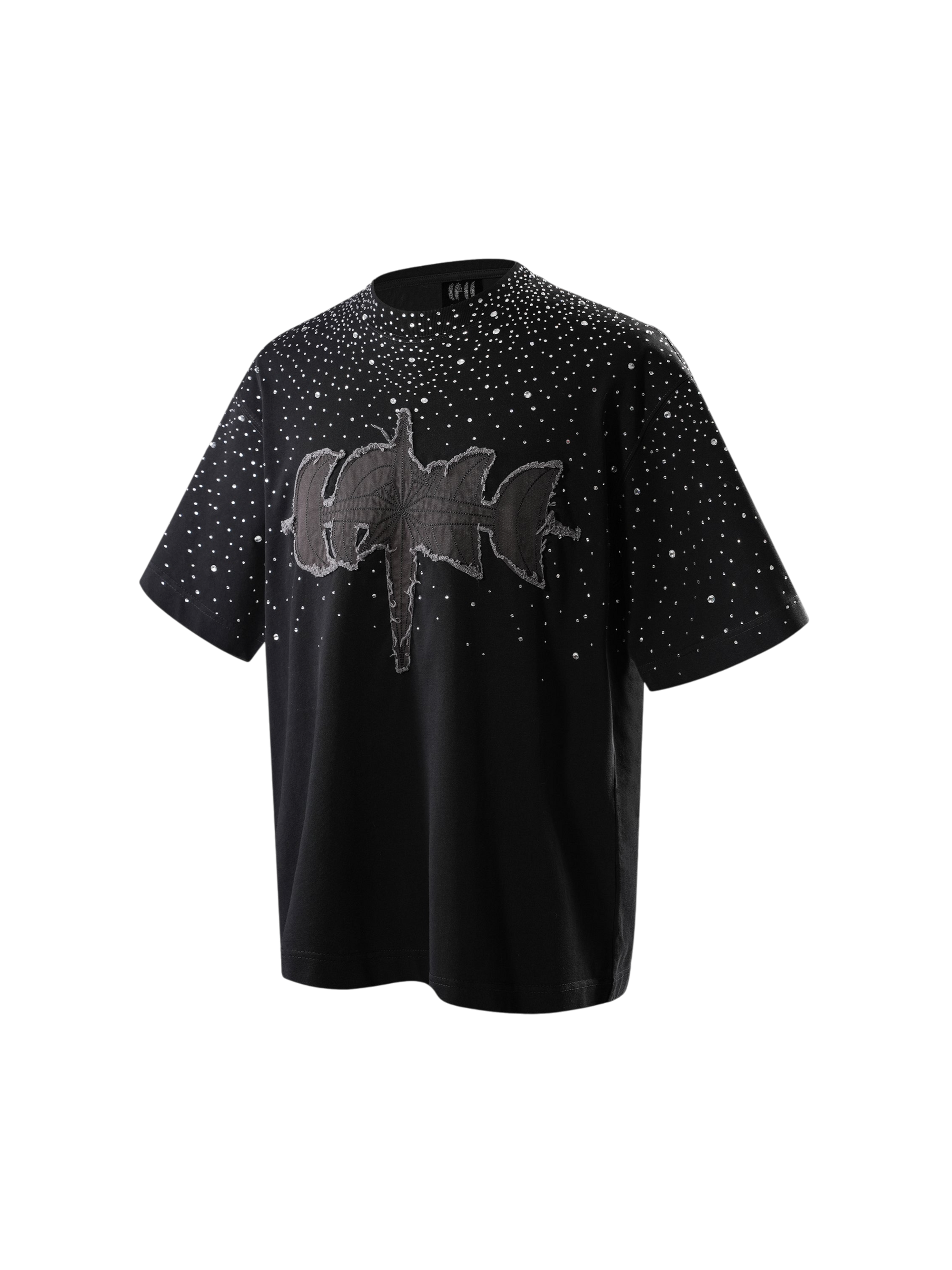 TBHNP Luminous Dawn washed boxy cotton t-shirt with rhinestones and patch embroidery — men's streetwear graphic tee