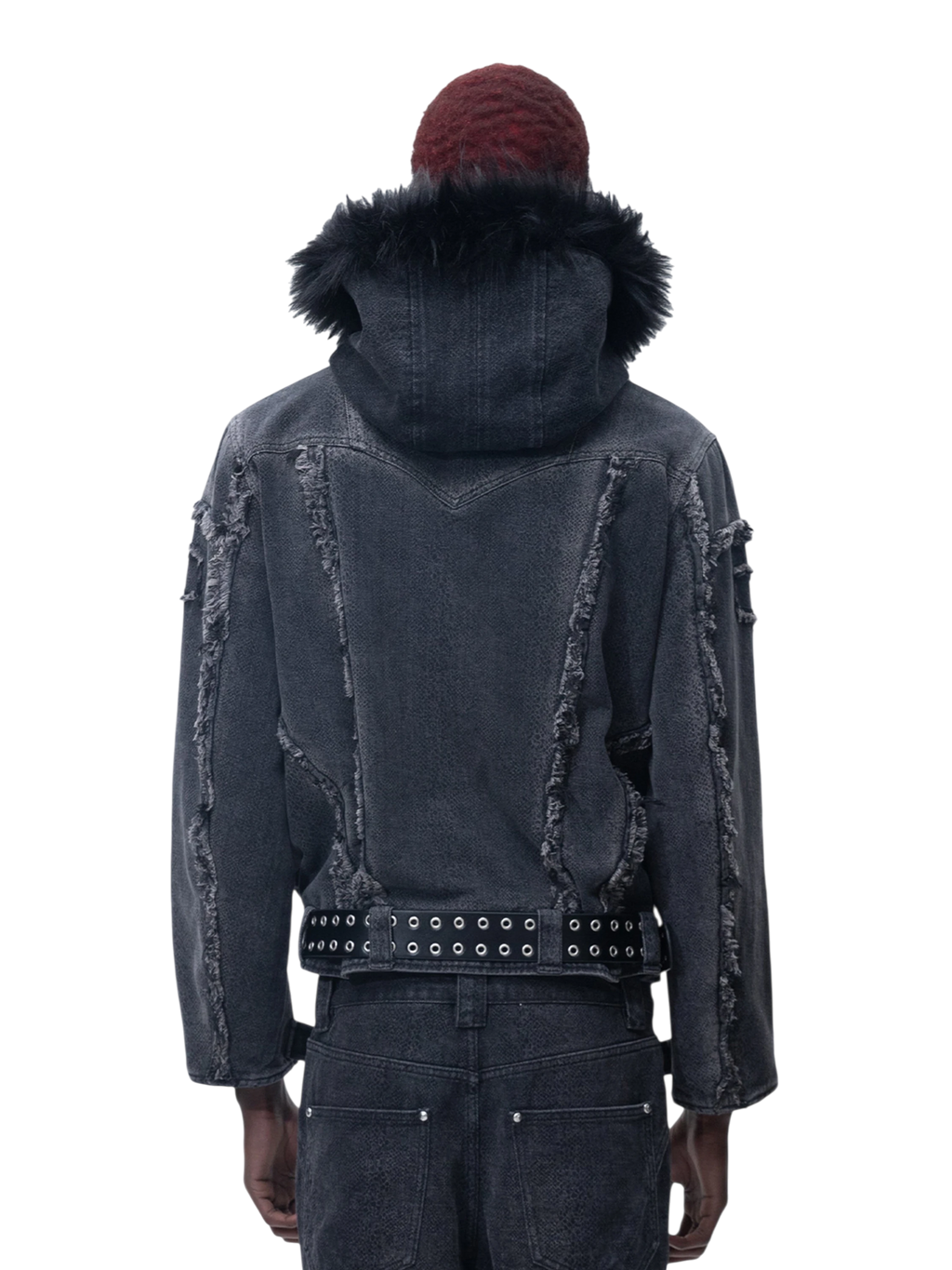 TBHNP Eclipse of the Blood Moon cobra print fur-hood moto jacket, black — men's streetwear jacket