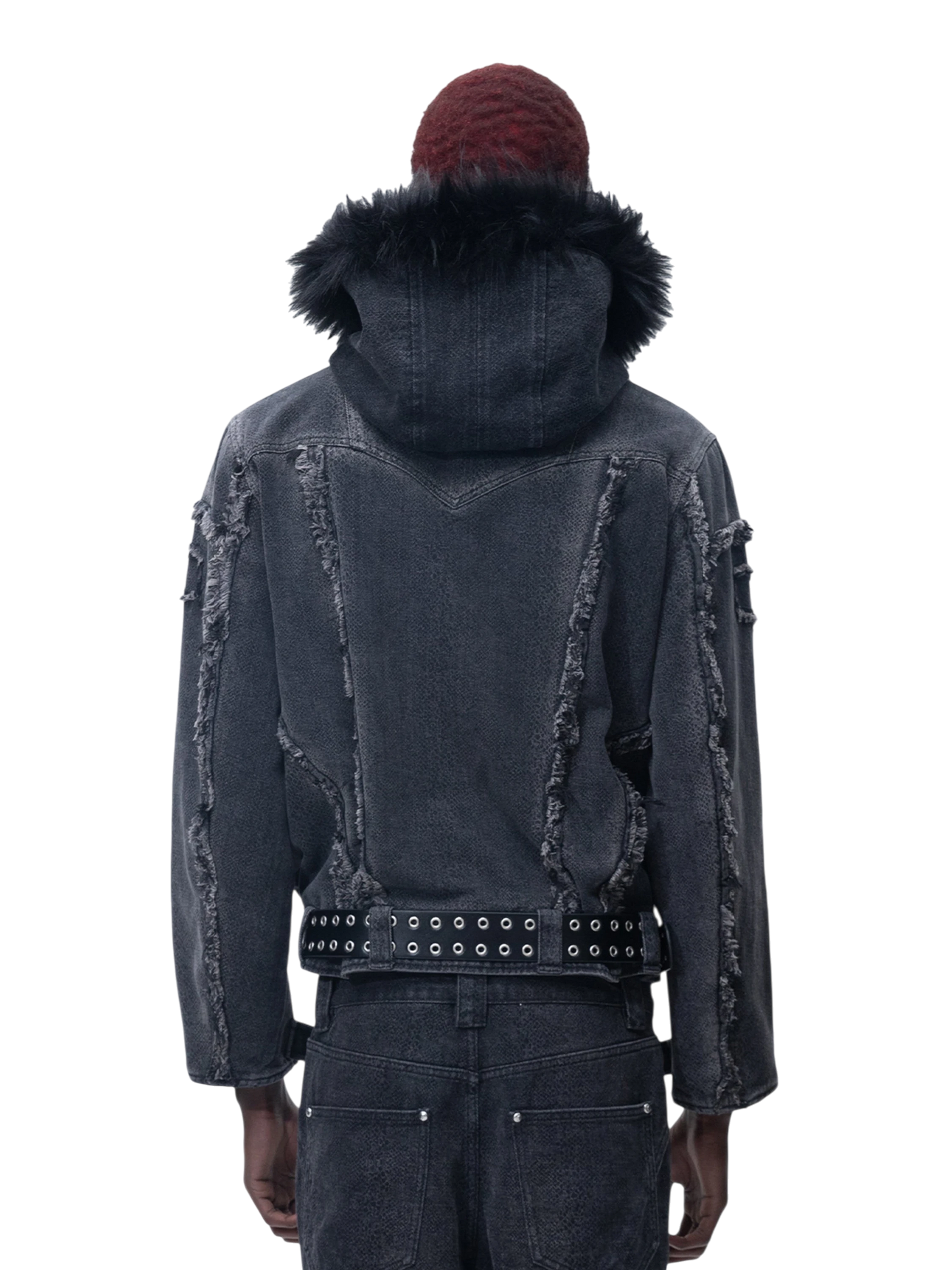 TBHNP Eclipse of the Blood Moon cobra print fur-hood moto jacket, black — men's streetwear jacket