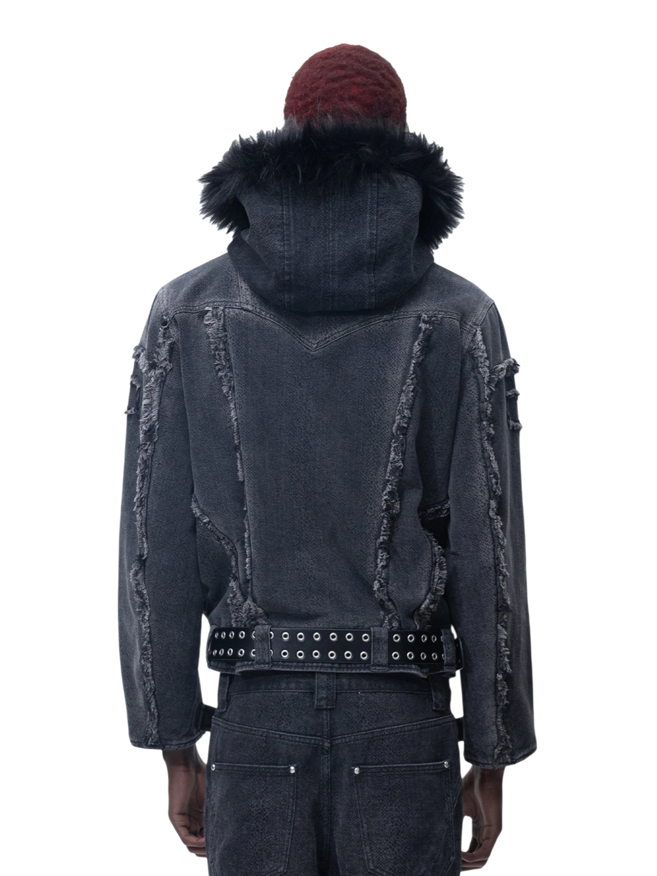 TBHNP Eclipse of the Blood Moon cobra print fur-hood moto jacket, black — men's streetwear jacket