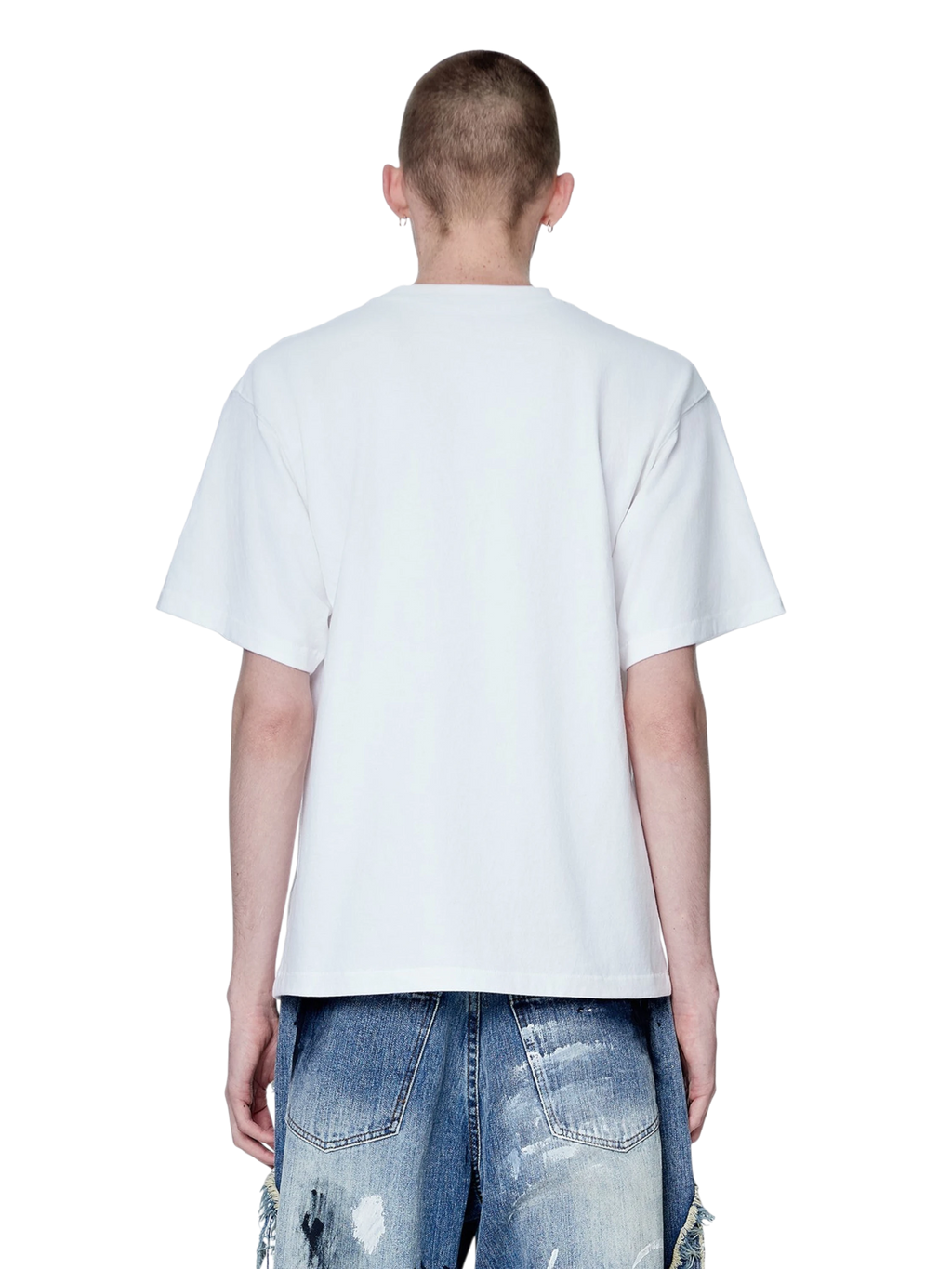 Model wearing TBHNP white Knight & Sword tee, back view — men's streetwear tee
