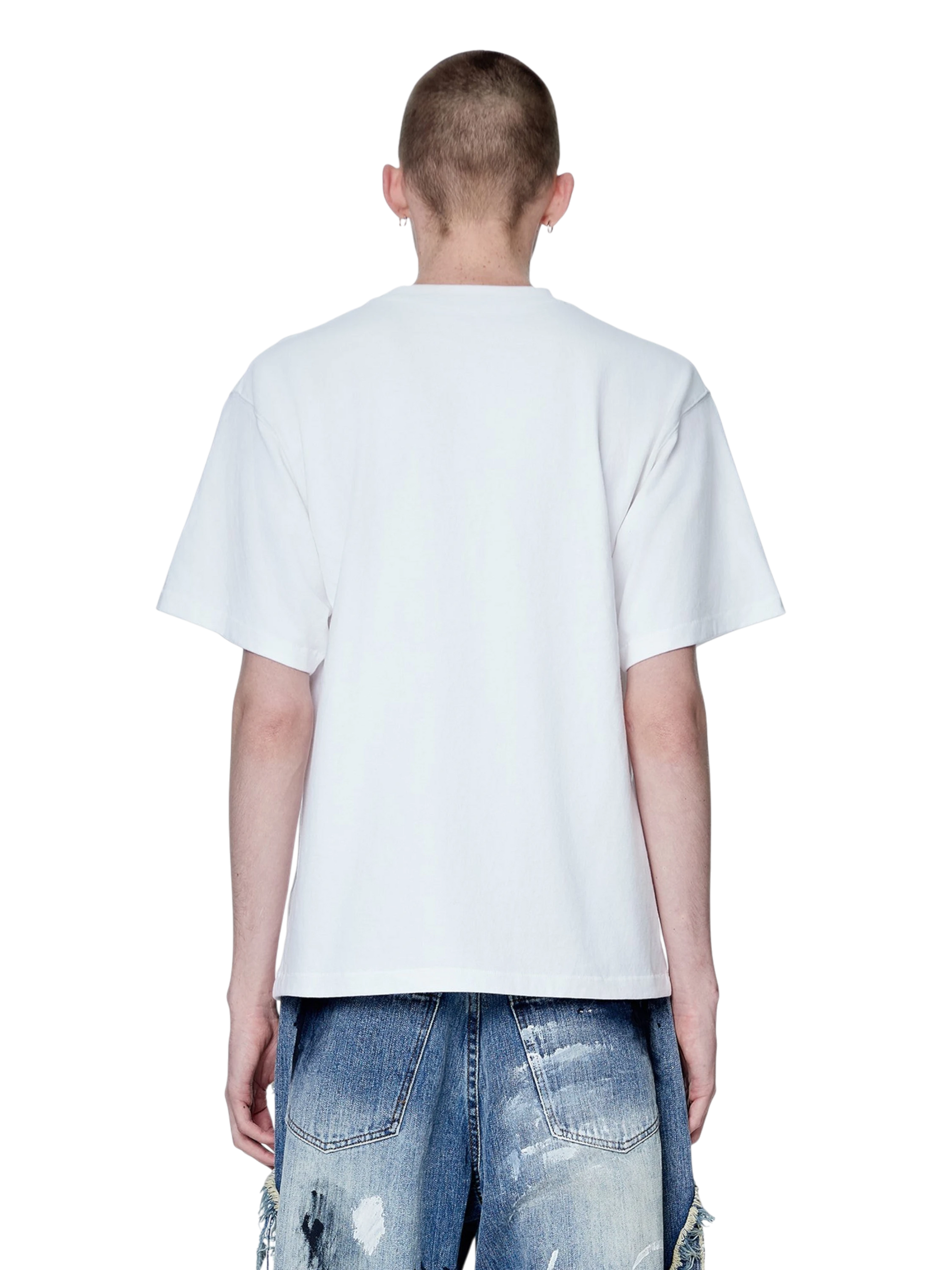 Model wearing TBHNP white Knight & Sword tee, back view — men's streetwear tee
