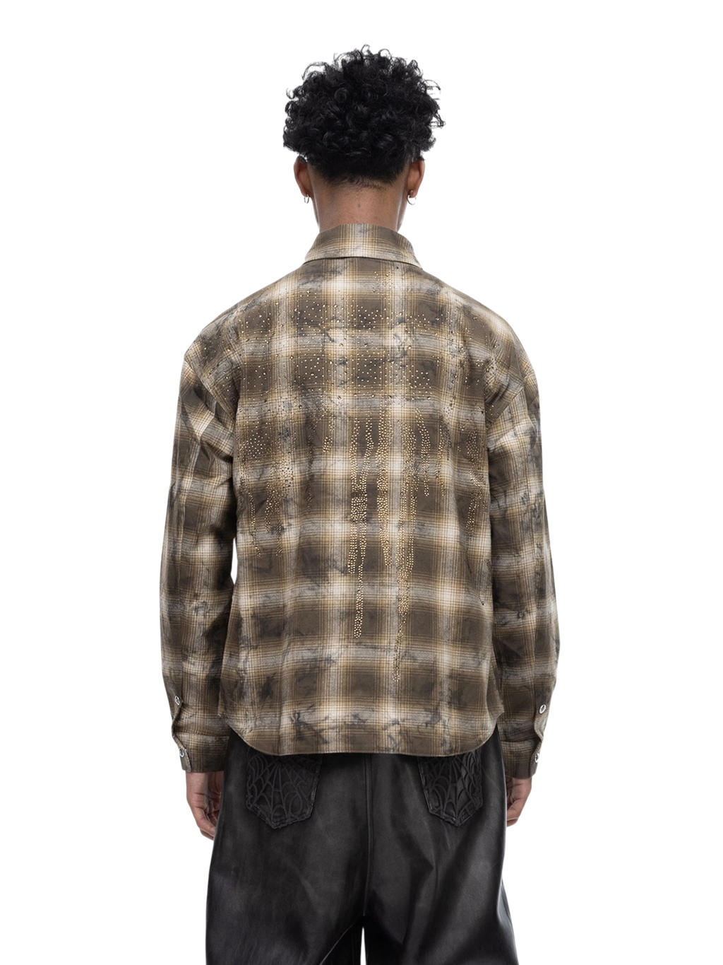 ECLIPSE OF THE BLOOD MOON RHINESTONE BUCKLE PLAID SHIRT