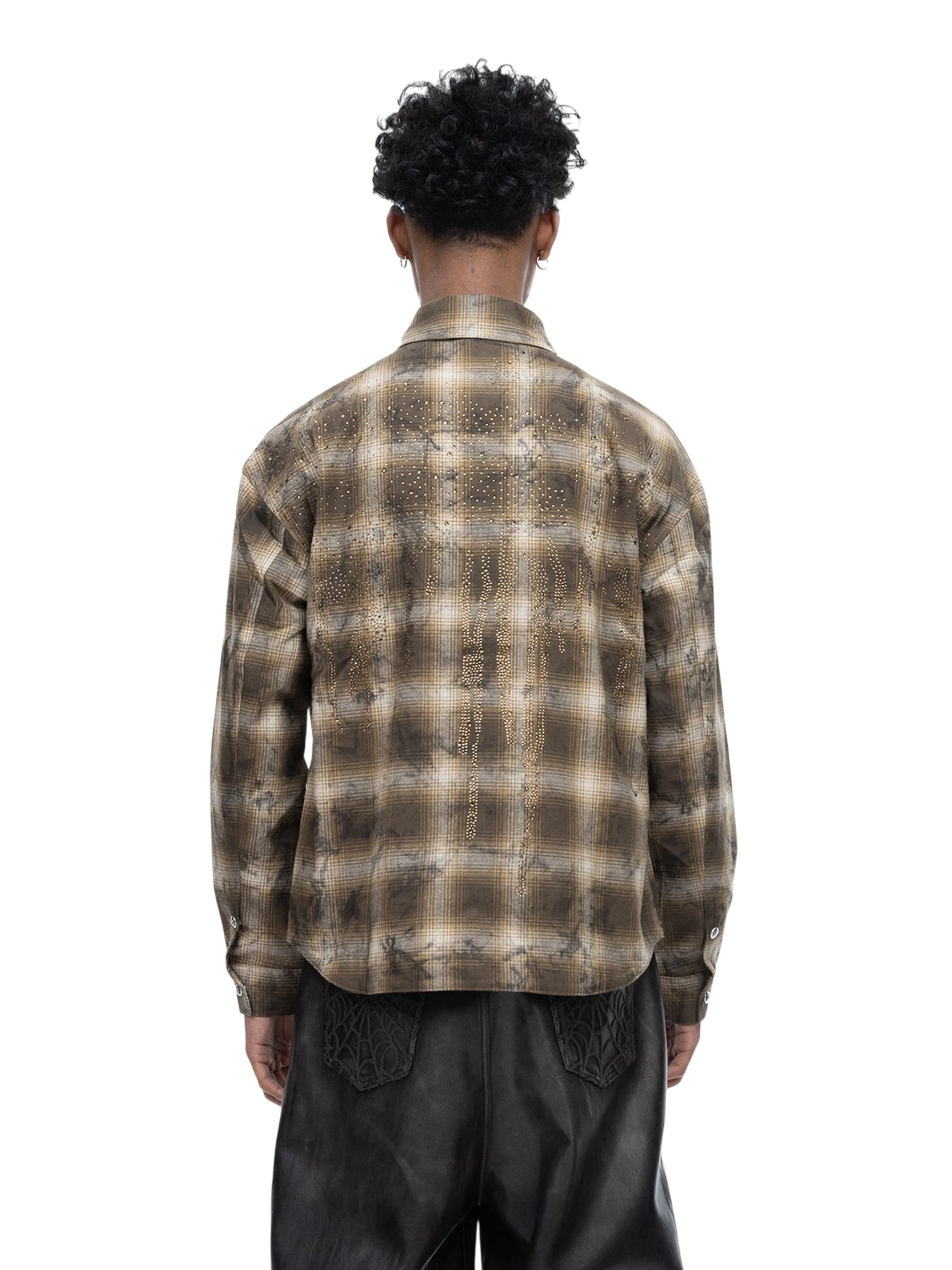 TBHNP Eclipse of the Blood Moon rhinestone buckle plaid flannel shirt — men's gothic streetwear button-up