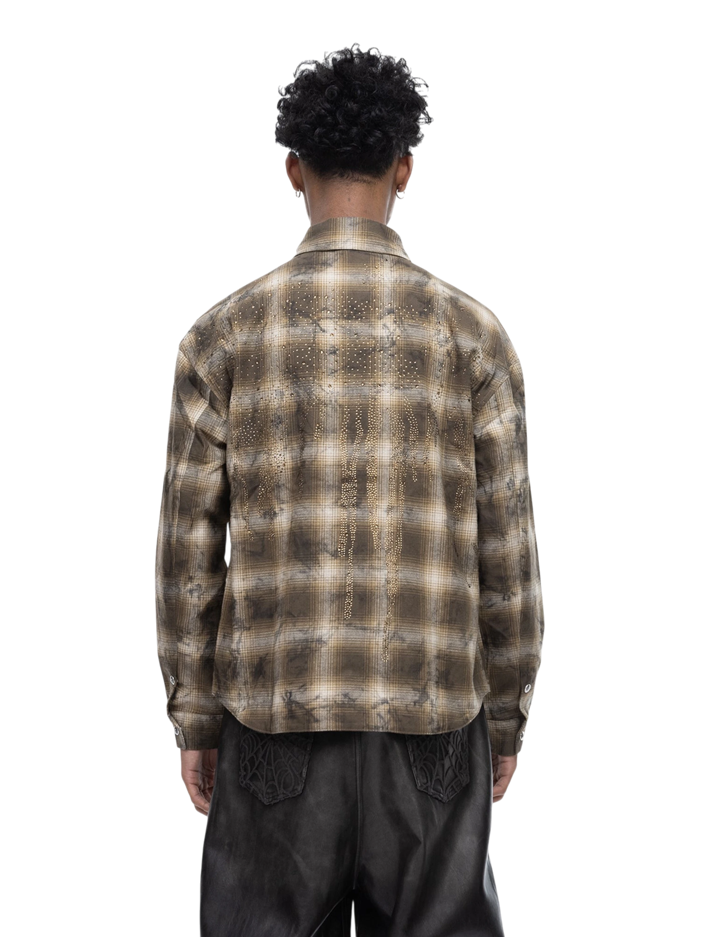 TBHNP Eclipse of the Blood Moon rhinestone buckle plaid flannel shirt — men's gothic streetwear button-up