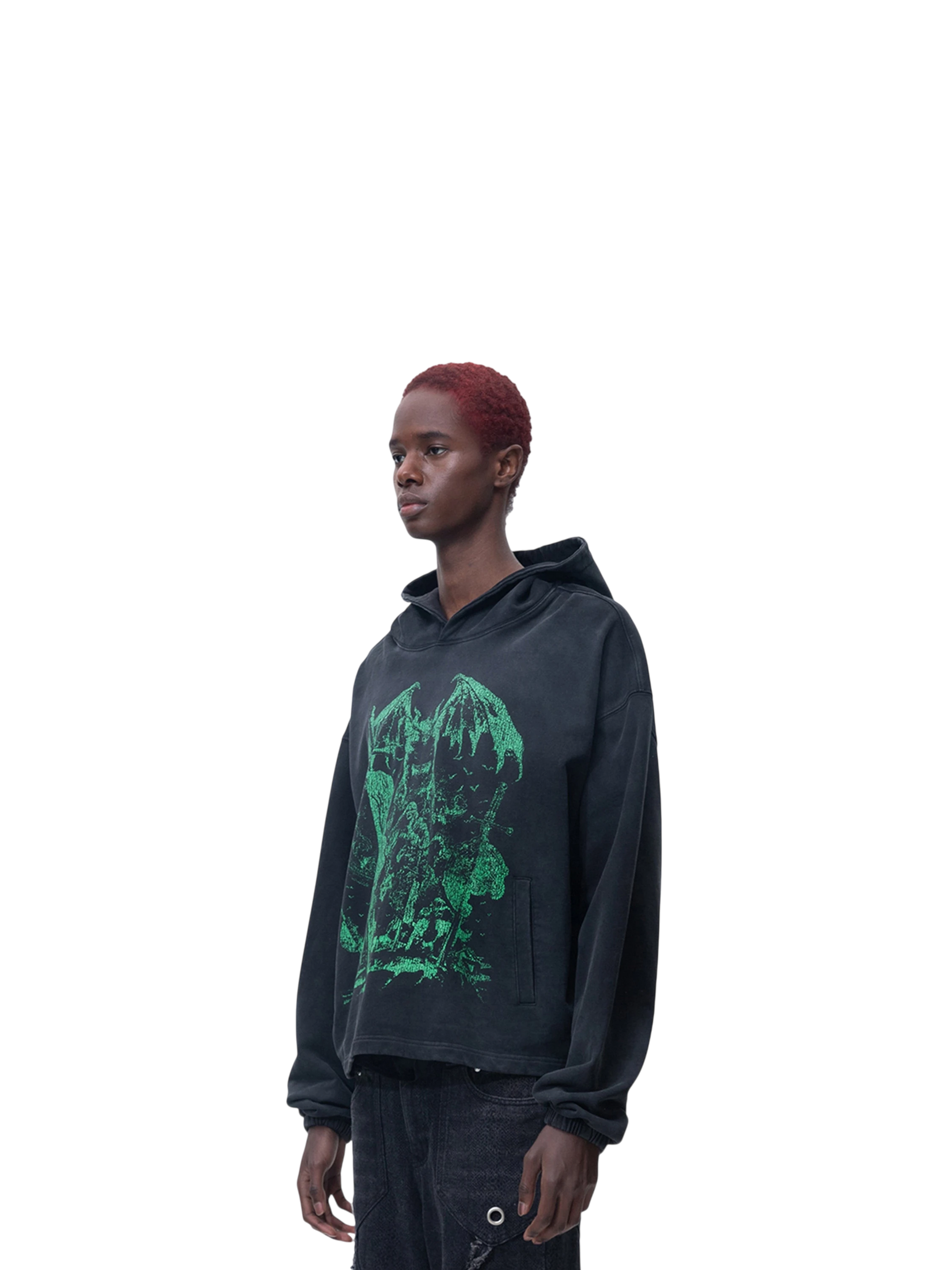 Model styling TBHNP black knight hoodie, front detail — men's streetwear hoodie