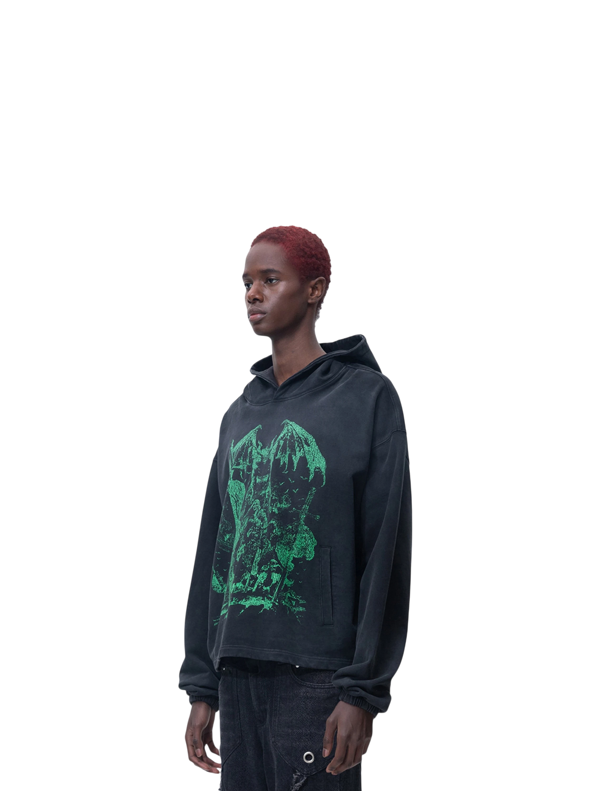 Model styling TBHNP black knight hoodie, front detail — men's streetwear hoodie