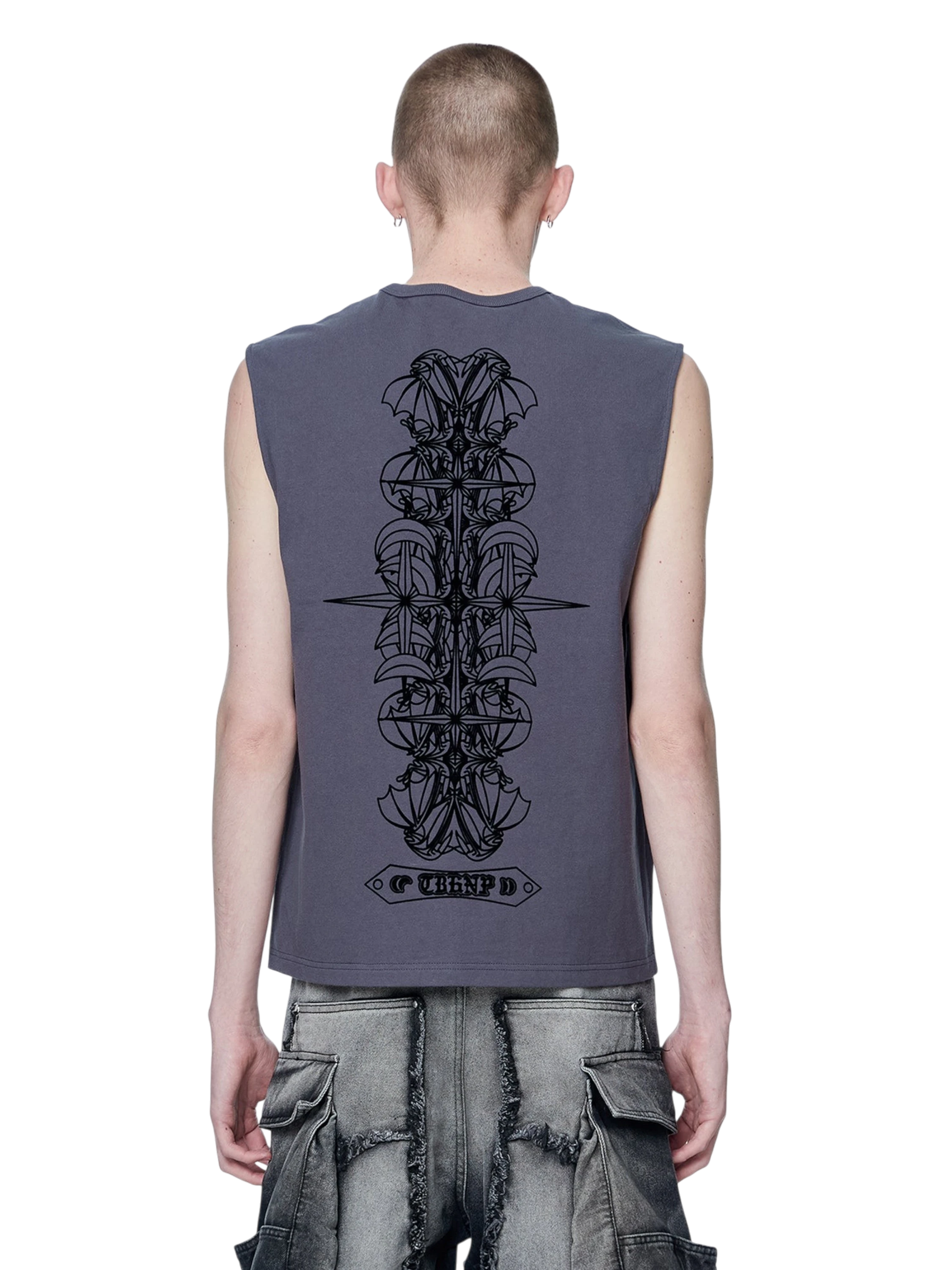 Model wearing TBHNP dark grey Shadowbat vest, back view with flocked bat print — men's streetwear sleeveless tee