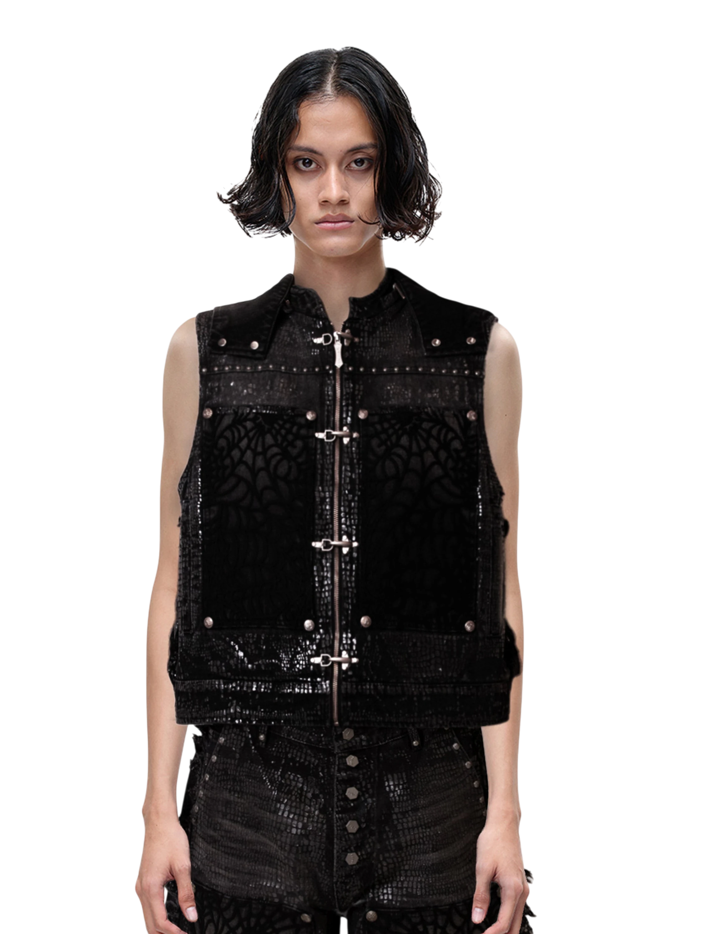 TBHNP Luminous Dawn cobweb distressed denim vest — men's streetwear vest
