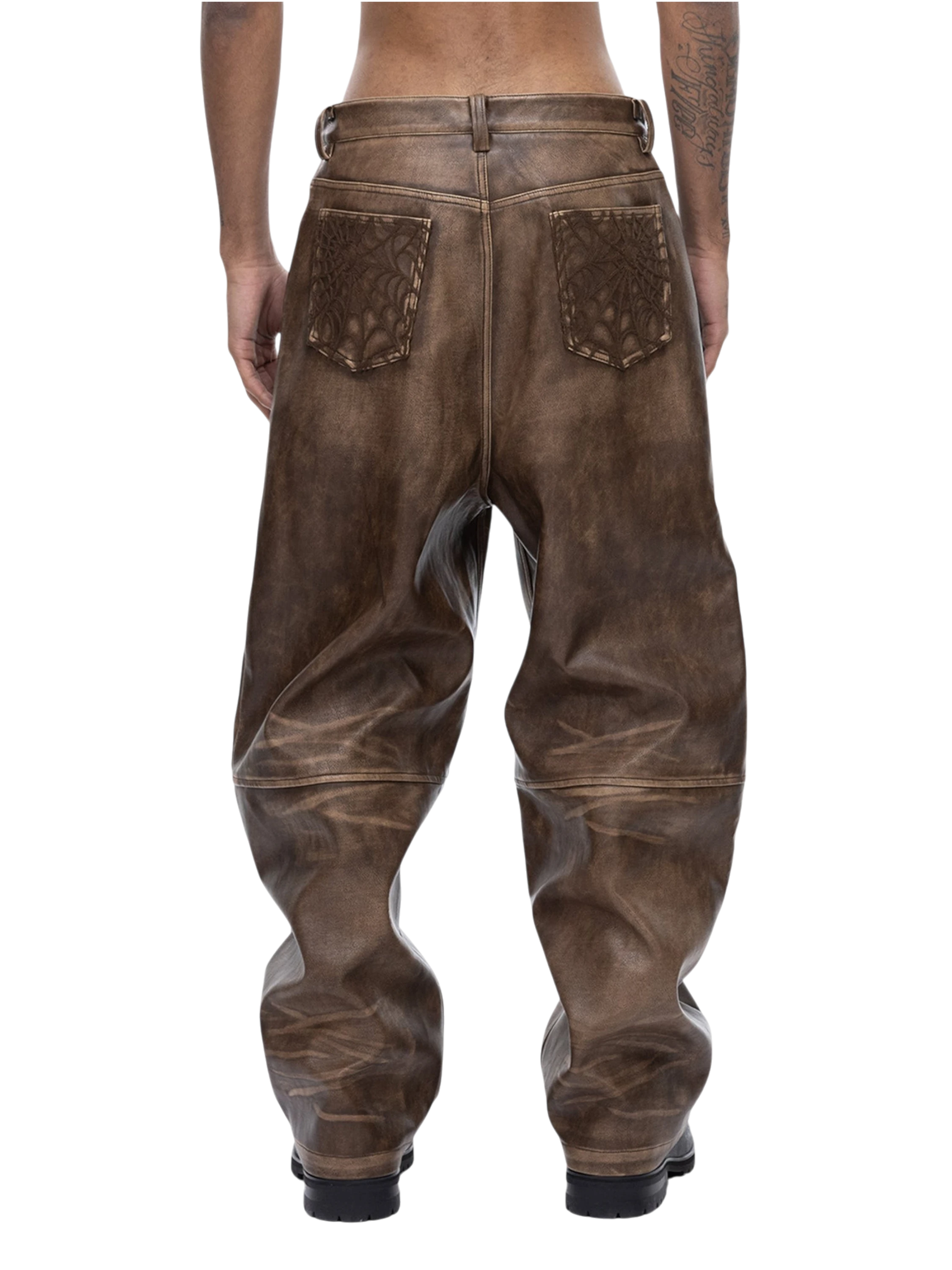 TBHNP Eclipse of the Blood Moon cobweb embroidered faux leather pants — men's gothic streetwear trousers