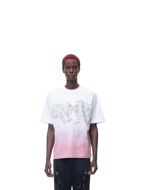 Model wearing TBHNP white arrival short-sleeve tee, front — men's streetwear tee