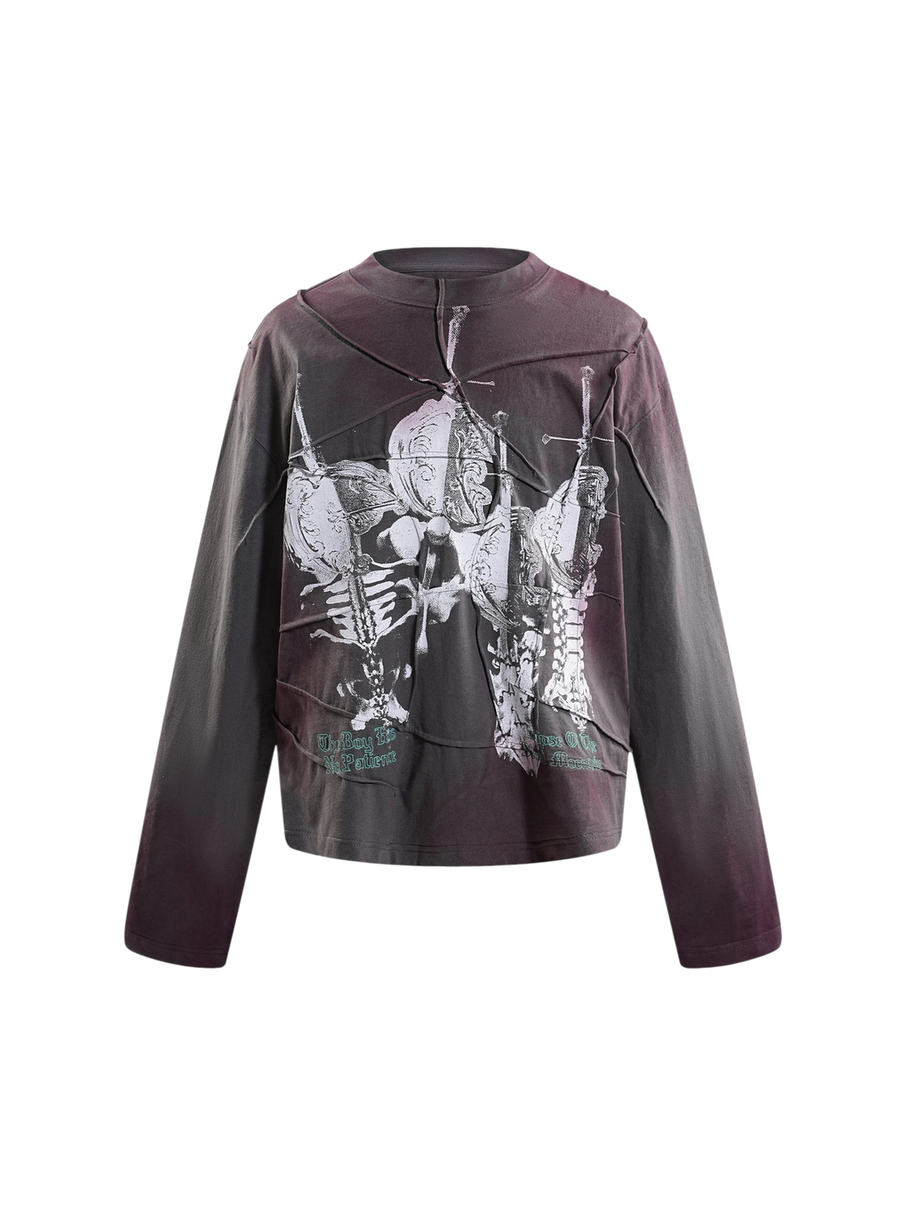 TBHNP printed bone & sword crinkle-wash long-sleeve tee in black, front flat-lay — men's streetwear tee