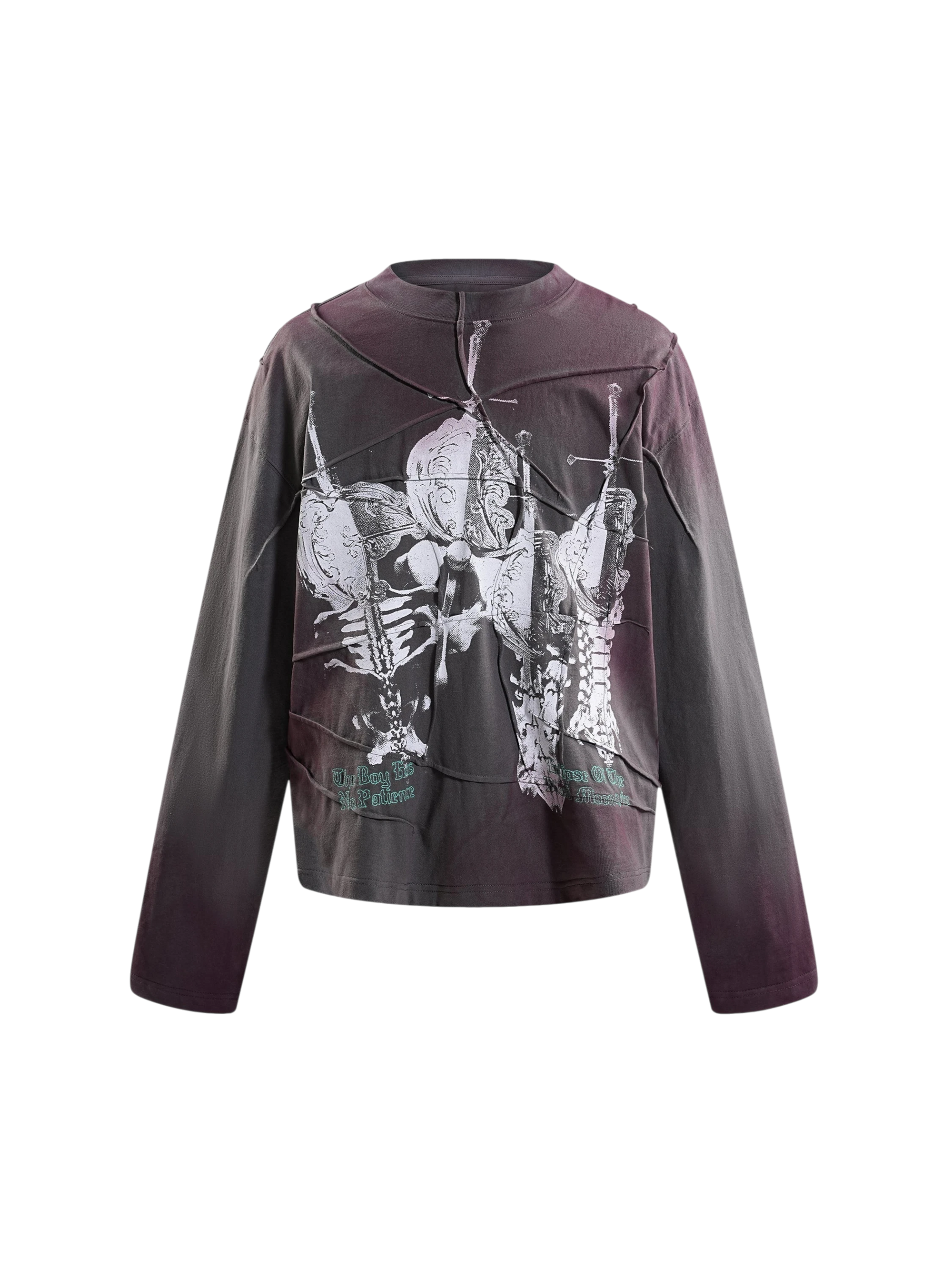 TBHNP printed bone & sword crinkle-wash long-sleeve tee in black, front flat-lay — men's streetwear tee