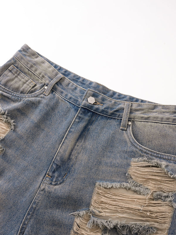 ECLIPSE OF THE BLOOD MOON DISTRESSED DENIM BLUE CAMOUFLAGE LAYERED PANTS