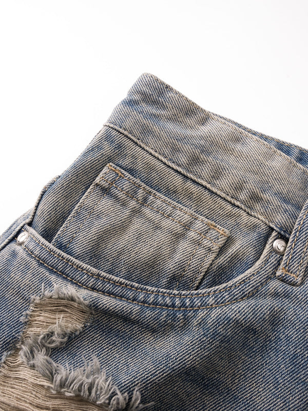 ECLIPSE OF THE BLOOD MOON DISTRESSED DENIM BLUE CAMOUFLAGE LAYERED PANTS