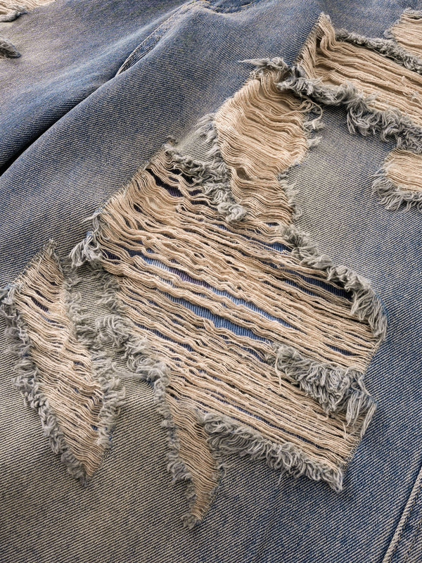 ECLIPSE OF THE BLOOD MOON DISTRESSED DENIM BLUE CAMOUFLAGE LAYERED PANTS