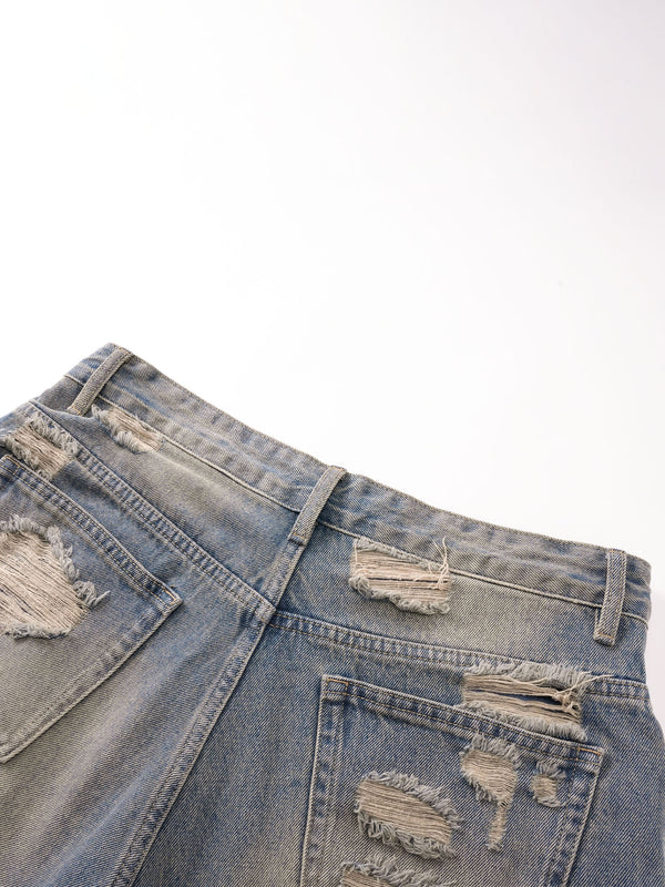 ECLIPSE OF THE BLOOD MOON DISTRESSED DENIM BLUE CAMOUFLAGE LAYERED PANTS
