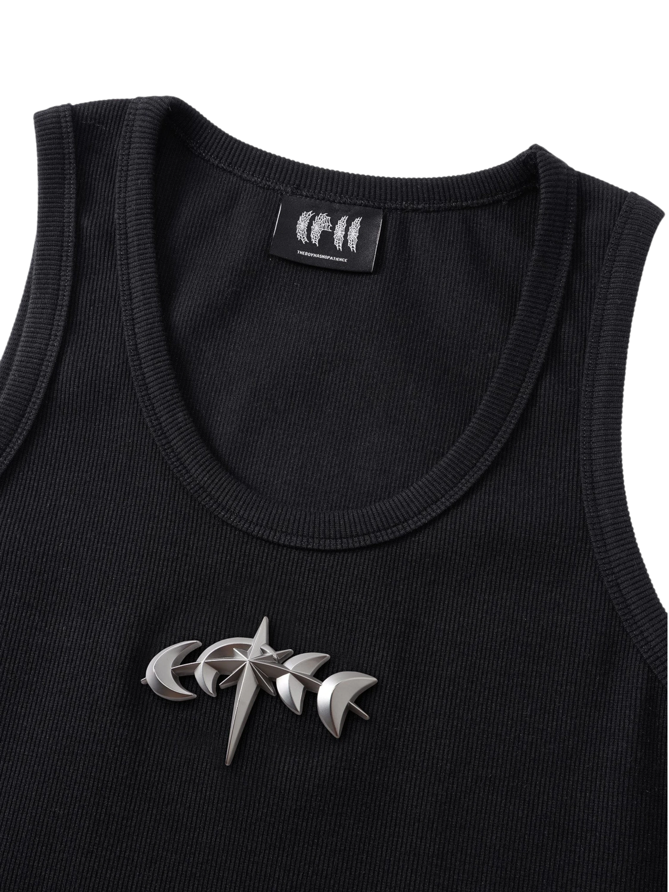 TBHNP Luminous Dawn ribbed cotton tank top with metal astral logo badge — men's streetwear sleeveless tee