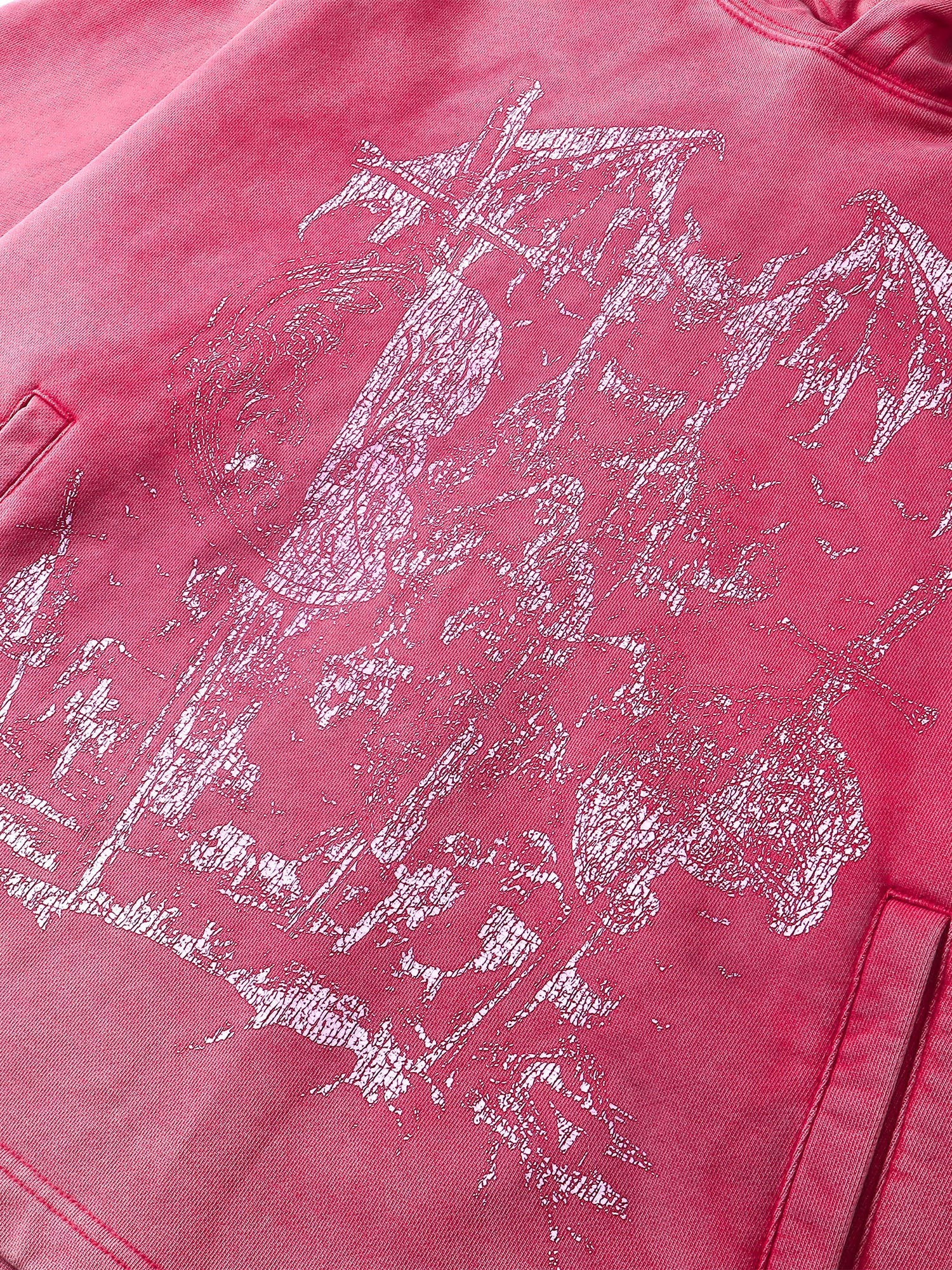 Close-up of the white knight print on TBHNP red hoodie — men's streetwear detail