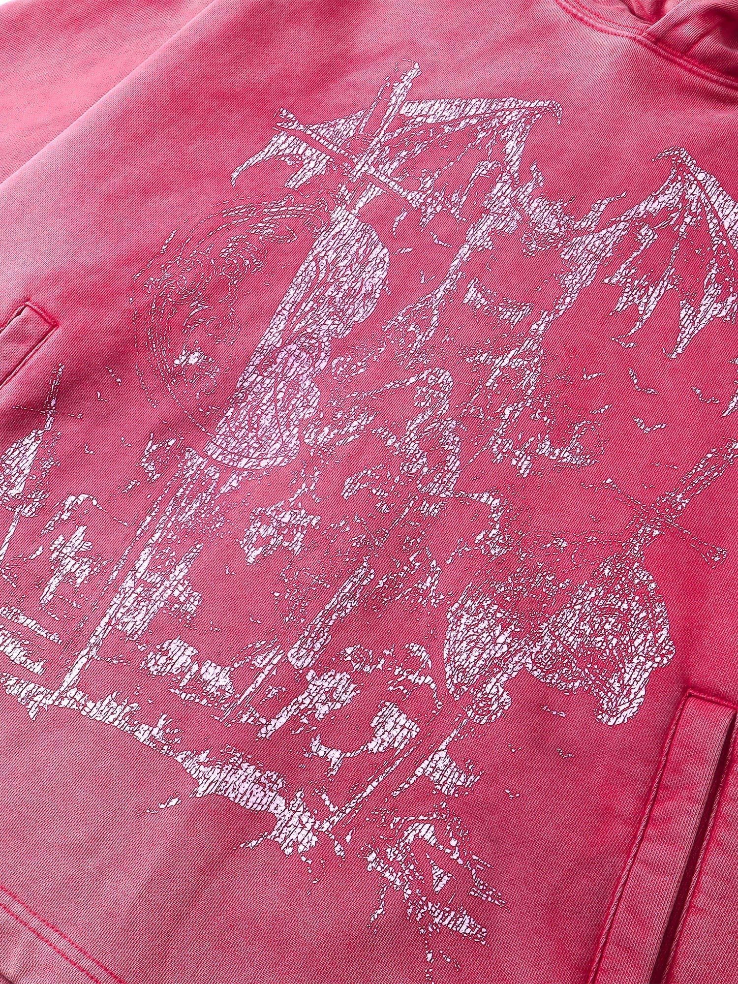 Close-up of the white knight print on TBHNP red hoodie — men's streetwear detail