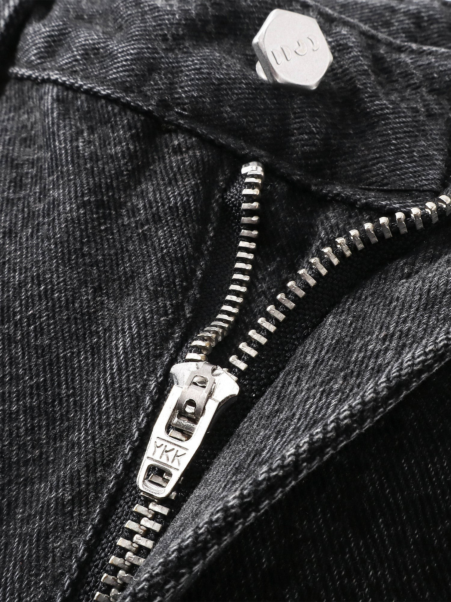 Close-up of the button fly and front rise on TBHNP black baggy jeans — men's streetwear detail