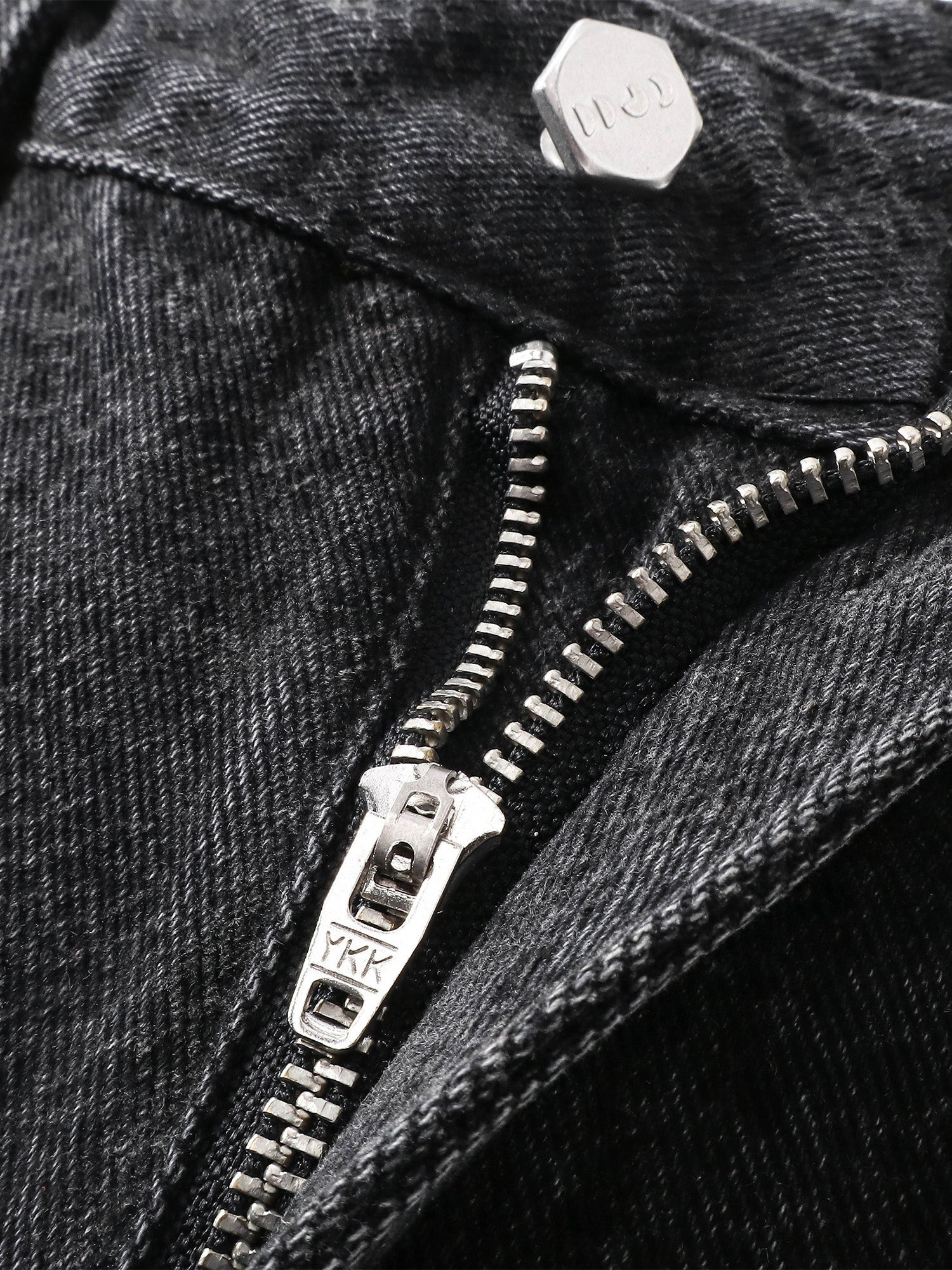 Close-up of the button fly and front rise on TBHNP black baggy jeans — men's streetwear detail