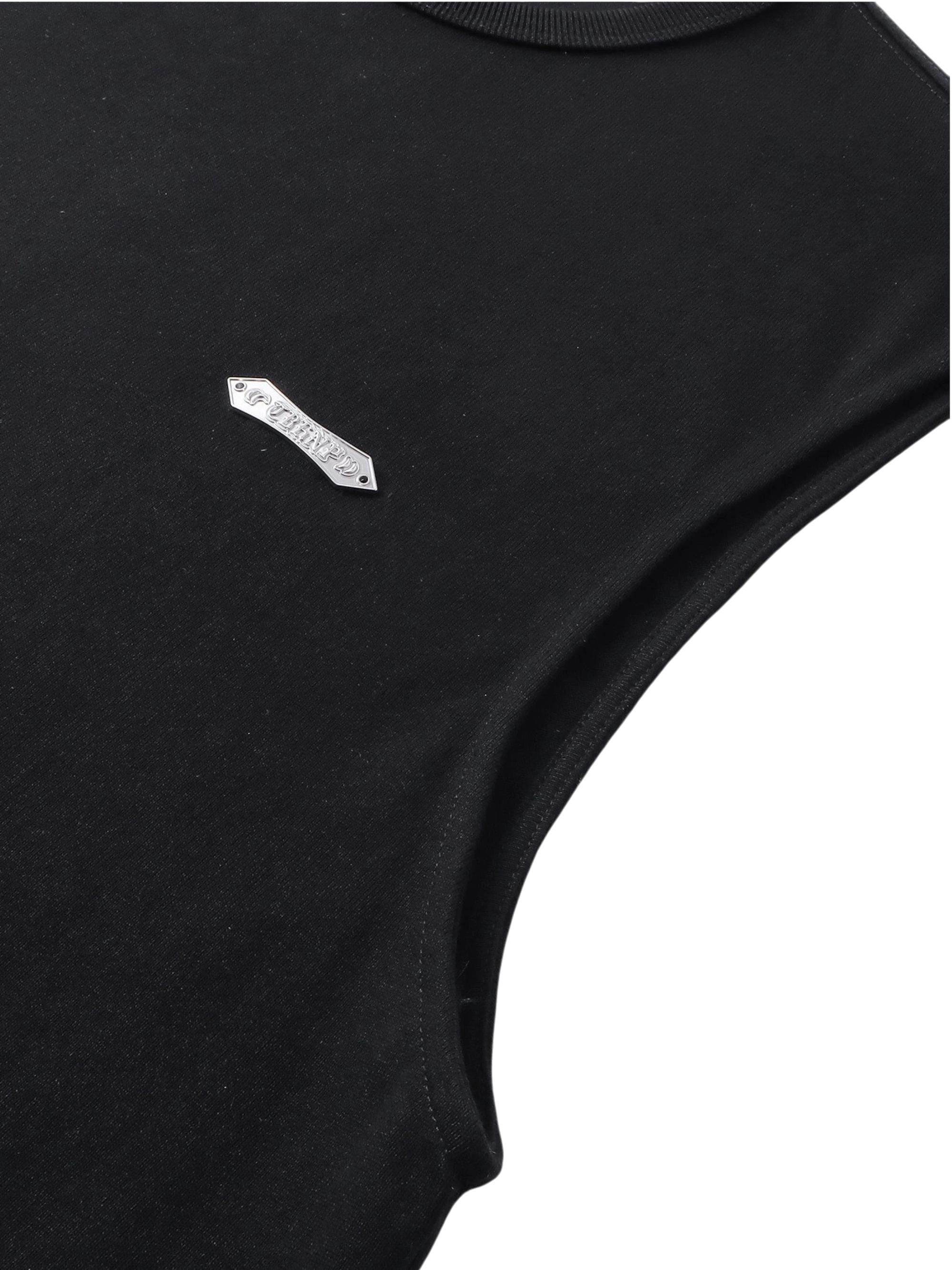 Close-up of the armhole on TBHNP black Shadowbat vest — men's streetwear detail