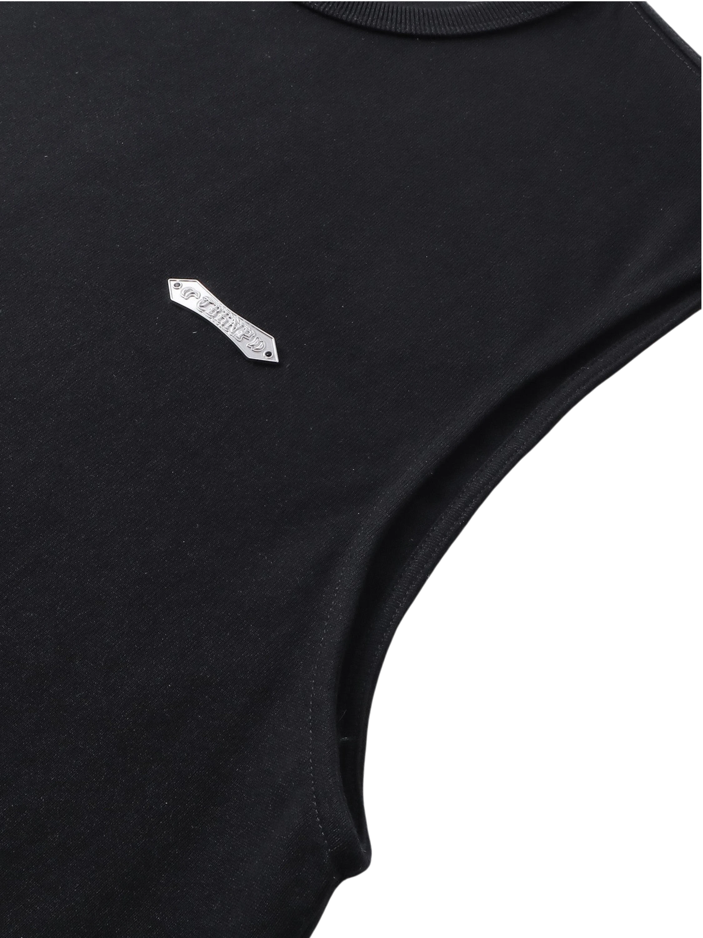 Close-up of the armhole on TBHNP black Shadowbat vest — men's streetwear detail