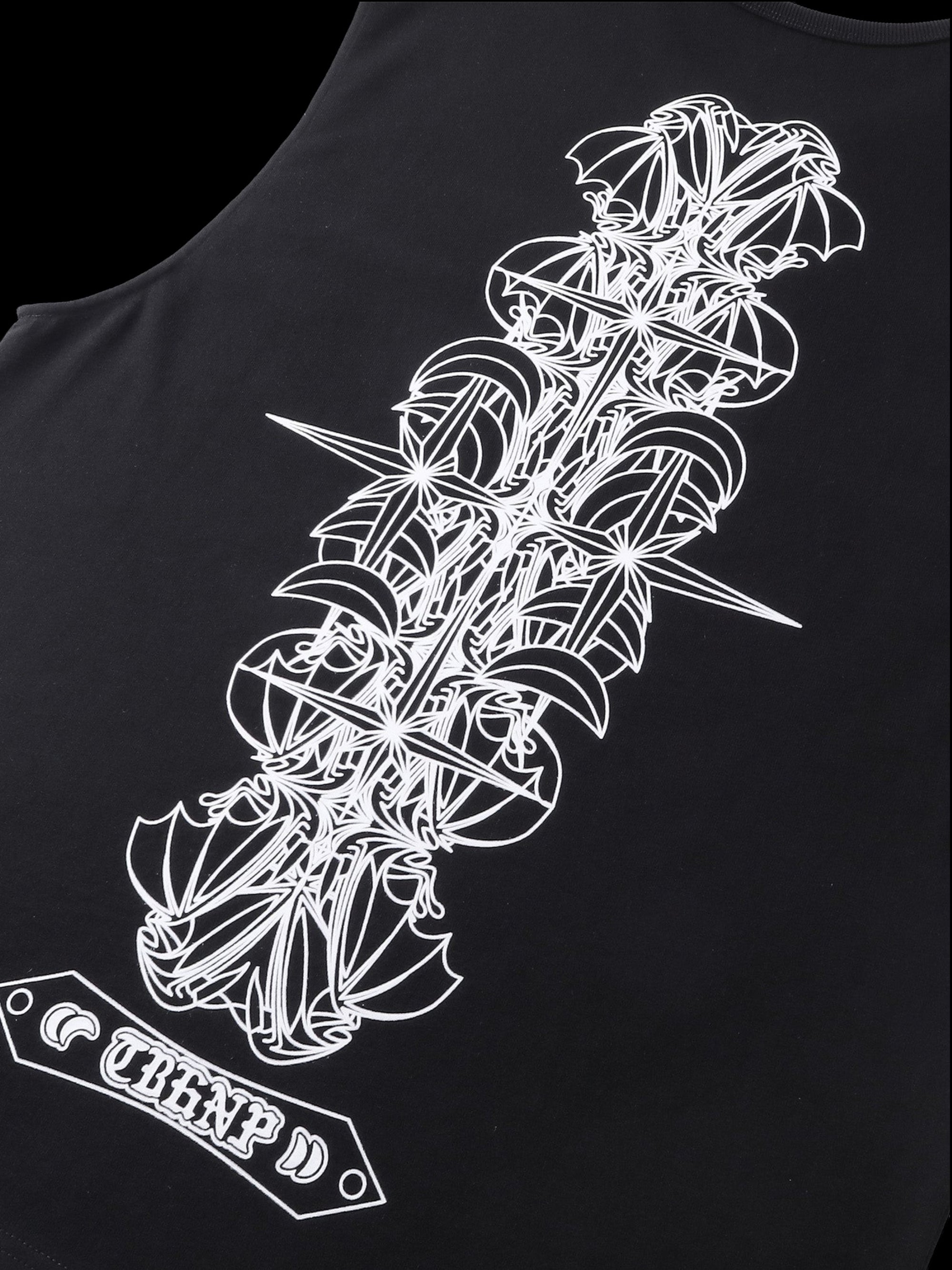 Close-up of the flocked shadowbat print (white ink) on TBHNP black vest — men's streetwear detail