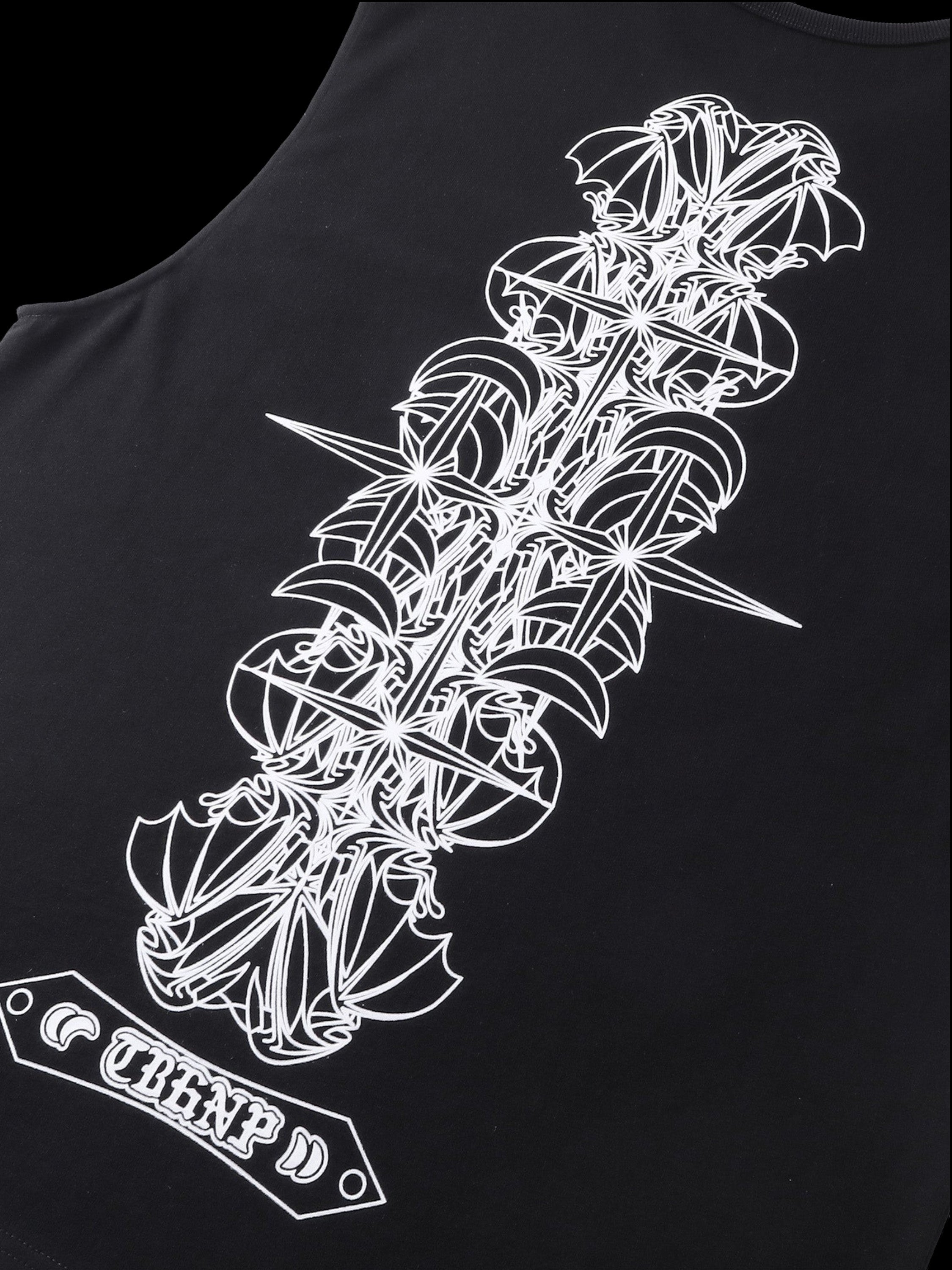 Close-up of the flocked shadowbat print (white ink) on TBHNP black vest — men's streetwear detail