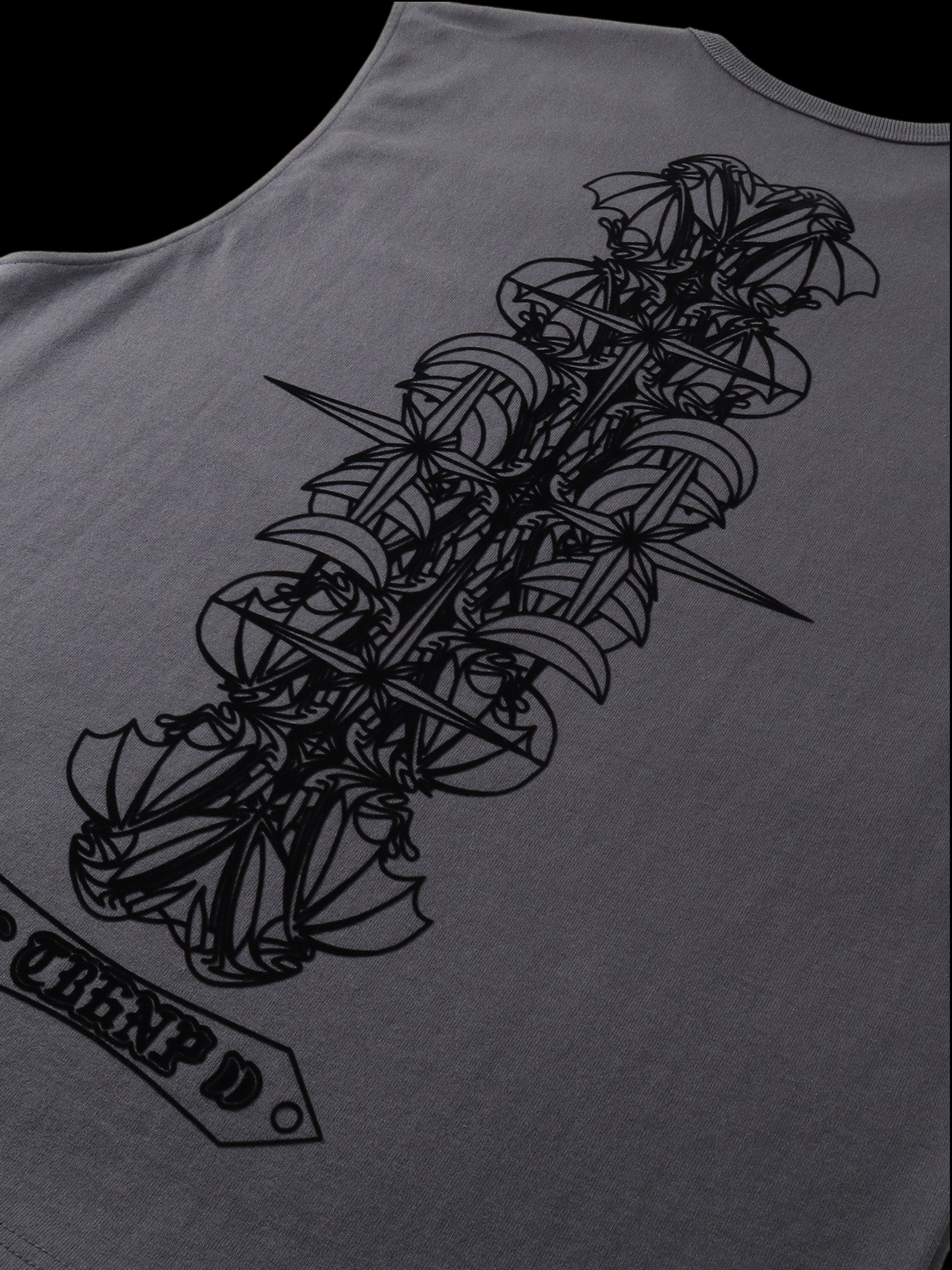 Close-up of the cotton fabric on TBHNP dark grey Shadowbat vest — men's streetwear detail