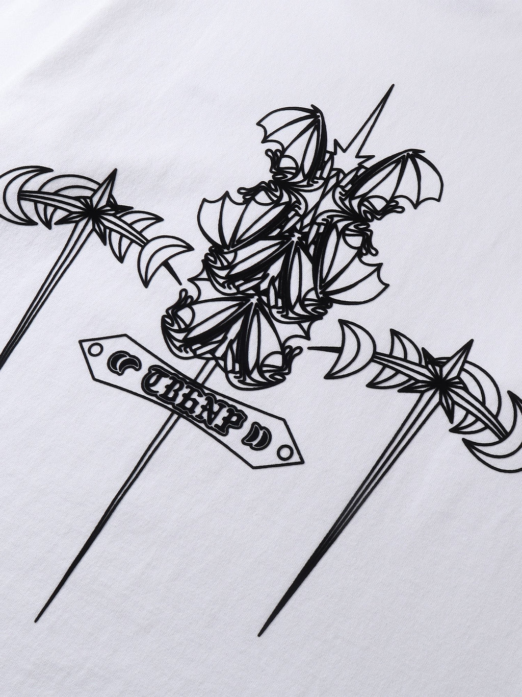 Close-up of the emblem print detail on TBHNP Emblem & Shadowbat tee — men's streetwear detail