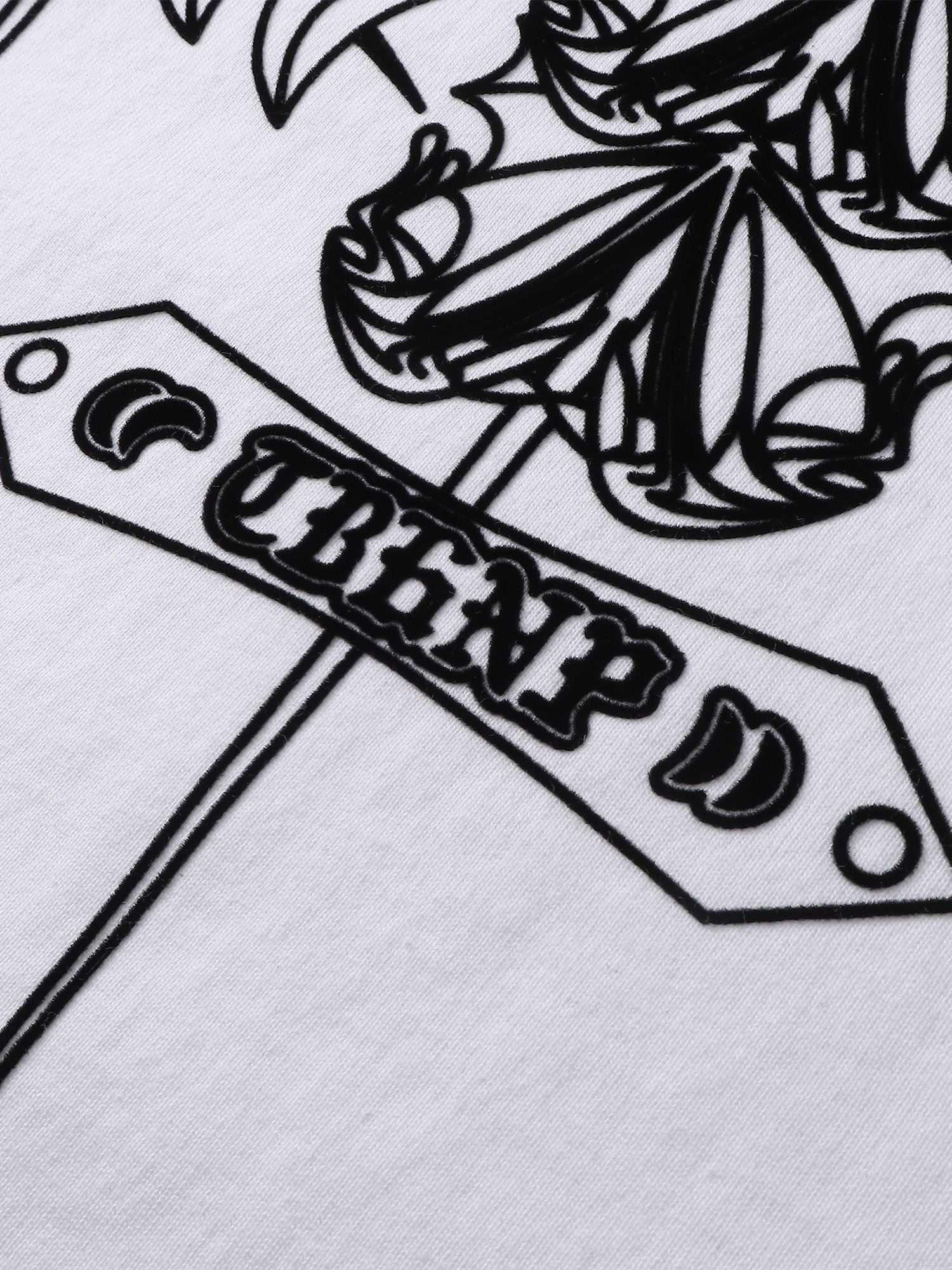 Close-up of the emblem and shadowbat print on TBHNP Emblem & Shadowbat tee — men's streetwear detail
